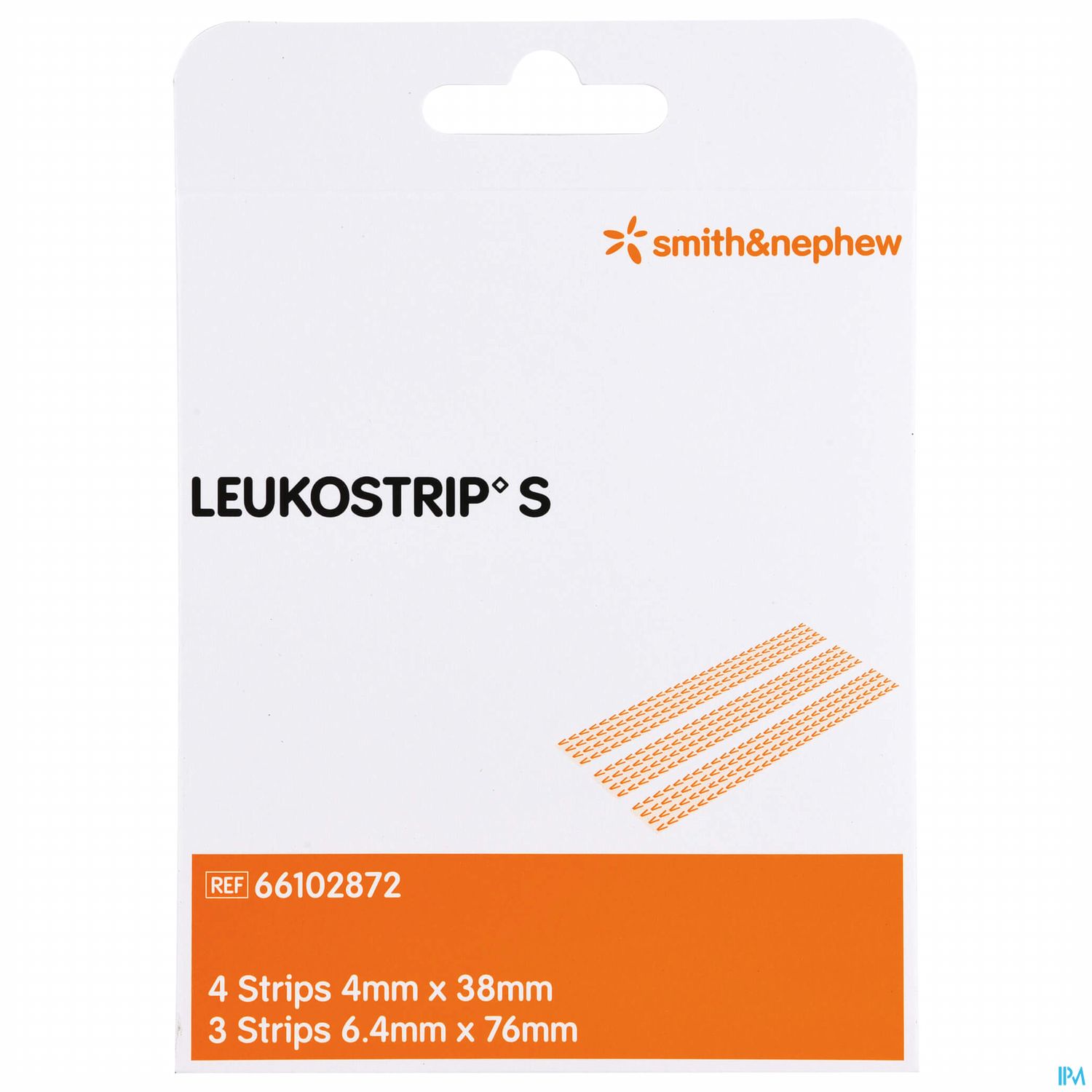 Verpackung von Leukostrips S in Weiß mit orangefarbenen Akzenten, Größe 4 Streifen à 4 mm x 38 mm und 3 Streifen à 6,4 mm x 76 mm.