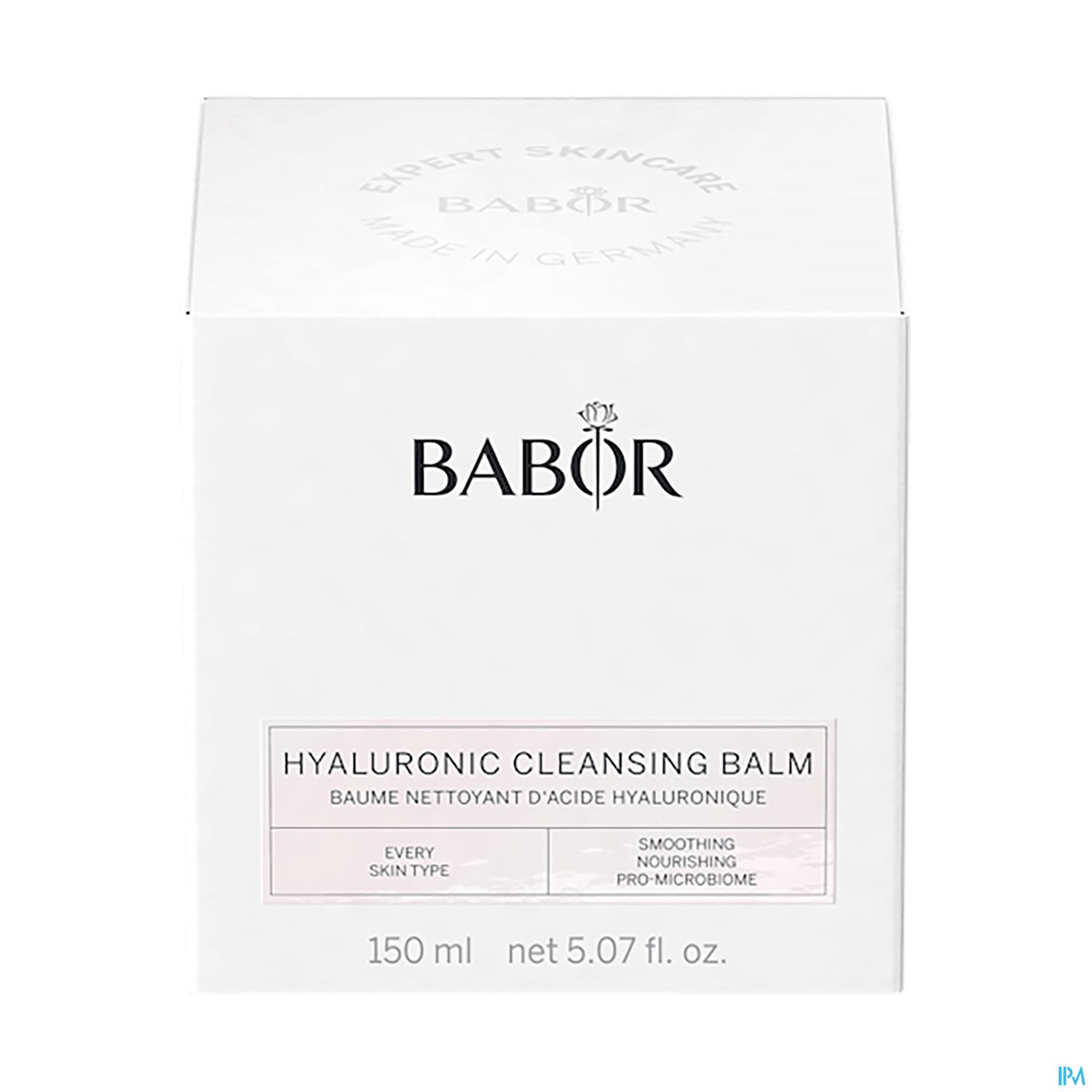 Weißer Behälter mit schwarzer Schrift, beschriftet mit "BABOR Hyaluronic Cleansing Balm", 150 ml.