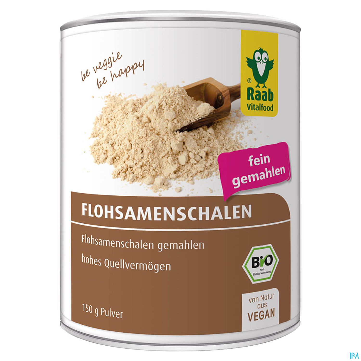 Dose mit Flohsamenschalen, 150 g, mit der Aufschrift "fein gemahlen" und Bio-Zeichen.