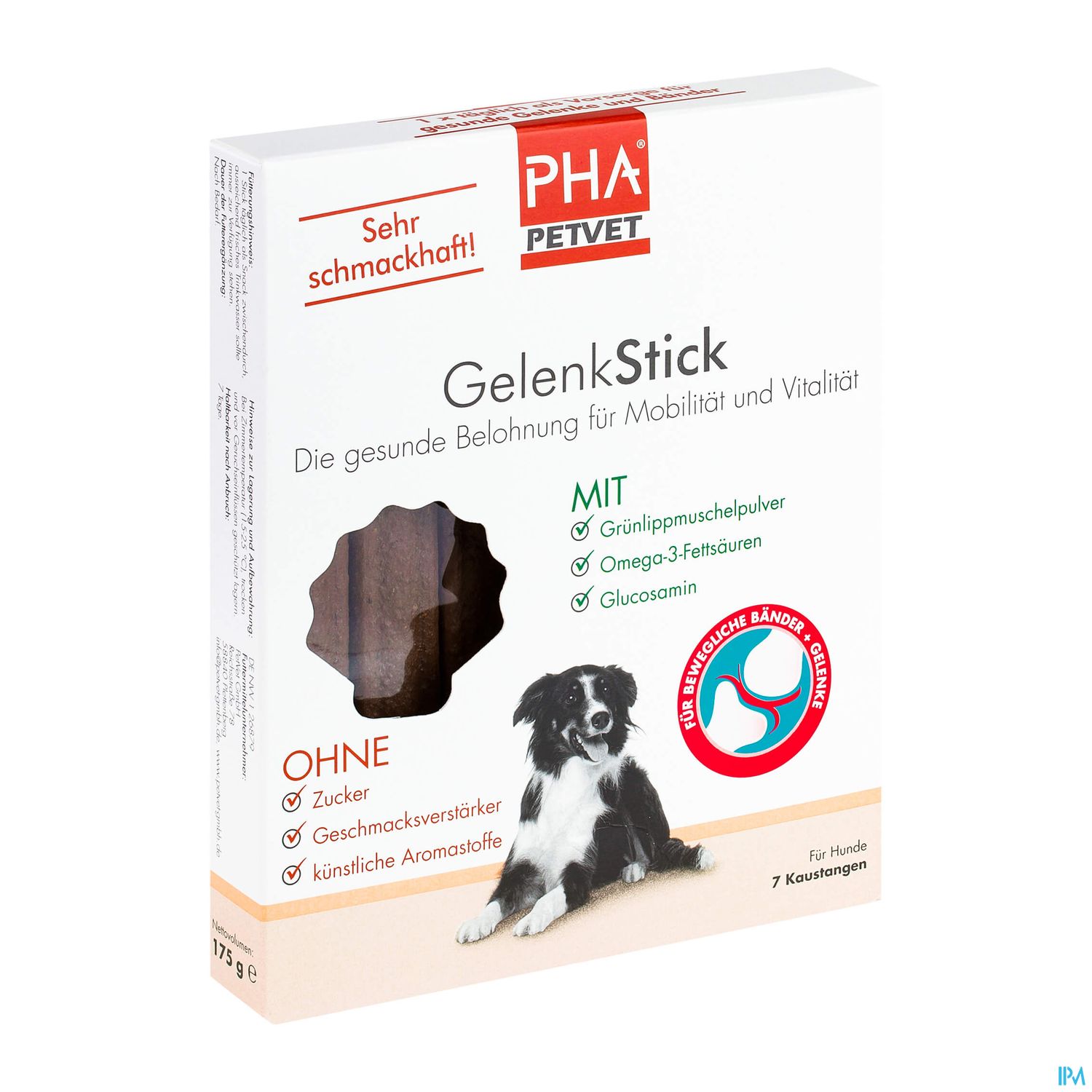 Verpackung von PHA PETVET GelenkStick für Hunde mit Hinweis auf gesunde Inhaltsstoffe und ohne Zucker.