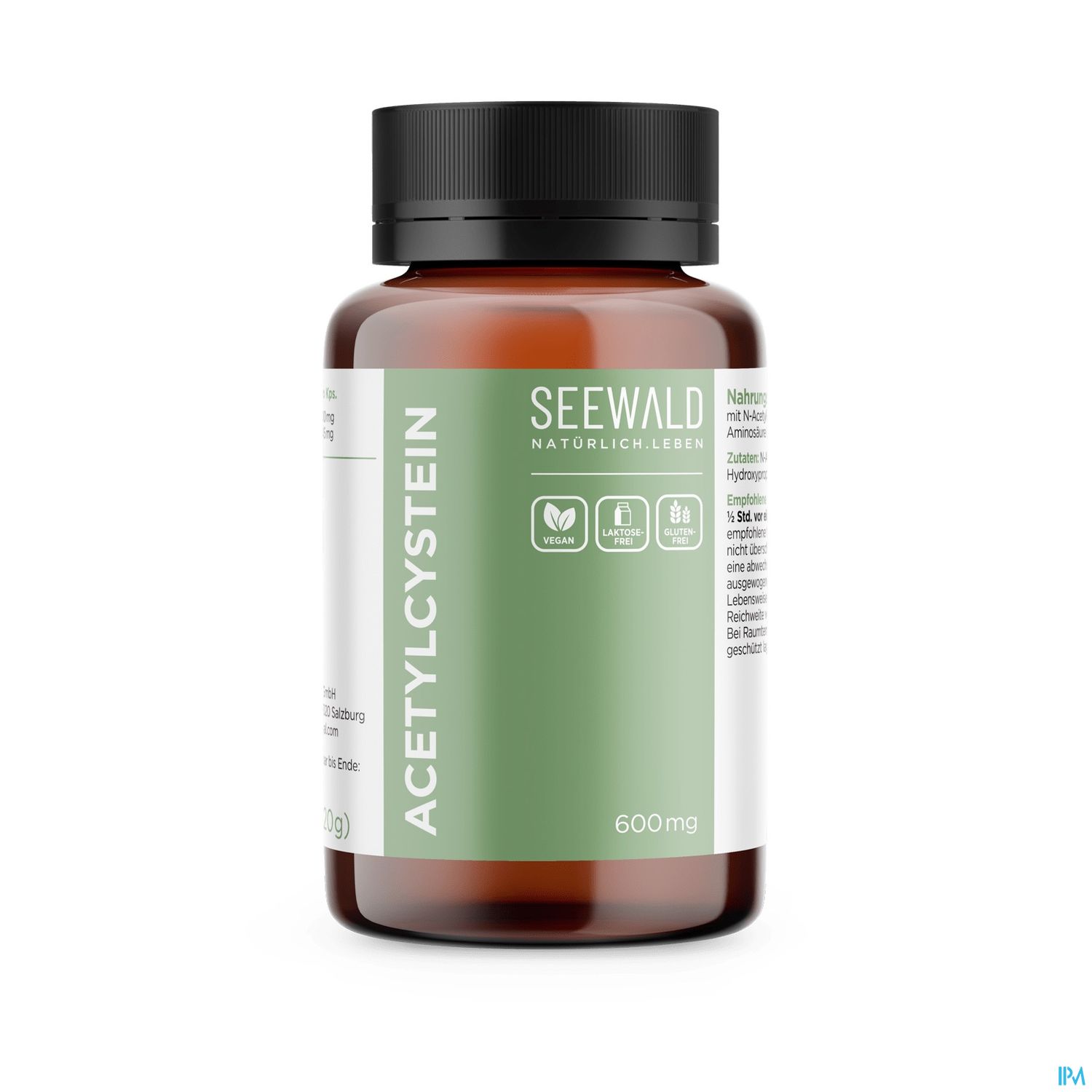 Braunglasflasche mit schwarzem Verschluss, etikettiert mit "ACETYLCYSTEIN 600mg" und "SEEWALD NATÜRLICH LEBEN".