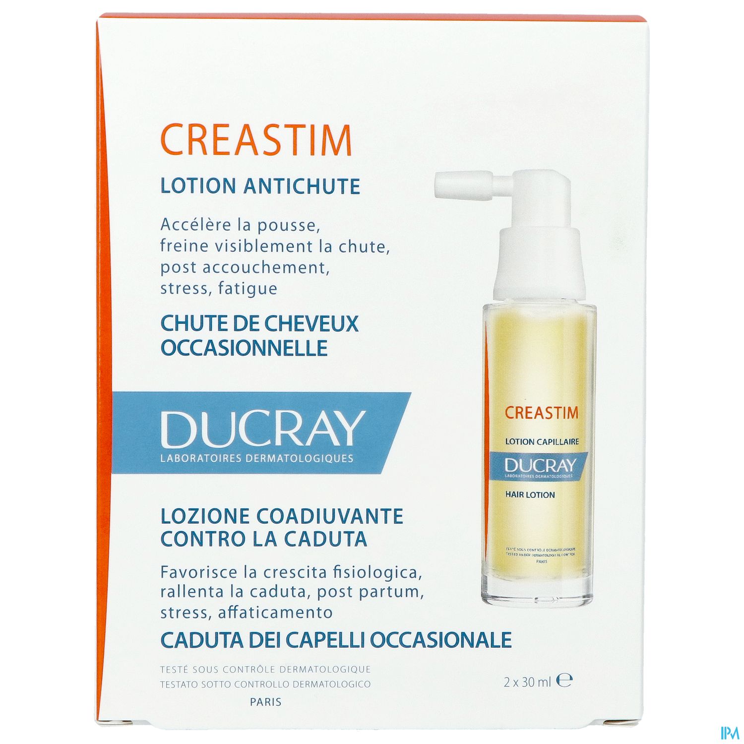 Produktverpackung von Creastim, einer Anti-Haarausfall-Lotion von Ducray, mit Beschreibung und Anwendungshinweisen in verschiedenen Sprachen.