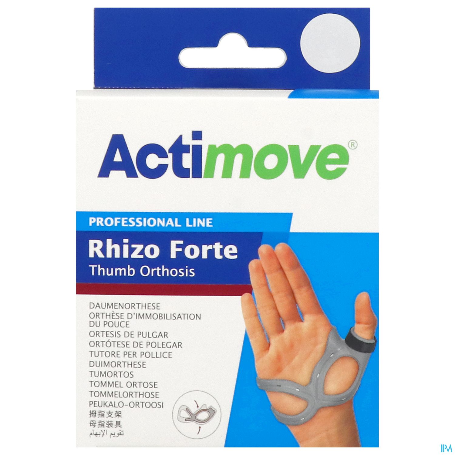 Verpackung der Daumenorthese "Rhizo Forte" von Actimove mit Abbildung einer Hand mit dem Produkt und mehrsprachiger Beschreibung.