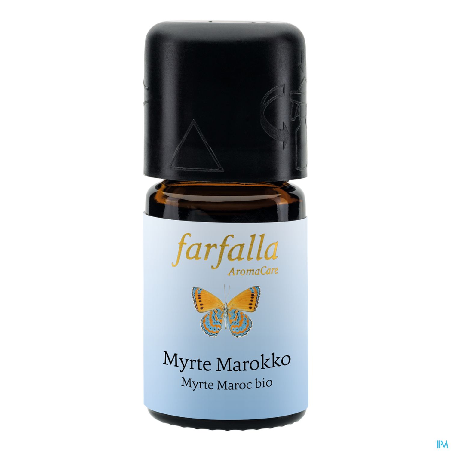 Braunglasflasche mit schwarzem Deckel und Etikett, auf dem "farfalla AromaCare Myrte Marokko bio" steht, sowie einem Schmetterlingsmotiv.