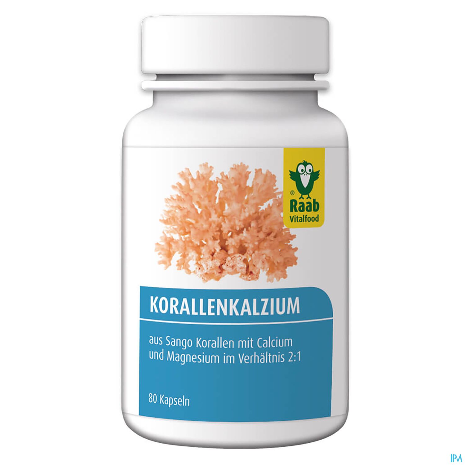 Weißes Produktetikett mit der Aufschrift "Korallenkalzium" und Abbildung von Korallen. Auf dem Etikett steht, dass es aus Sango-Korallen mit Calcium und Magnesium im Verhältnis 2:1 besteht.