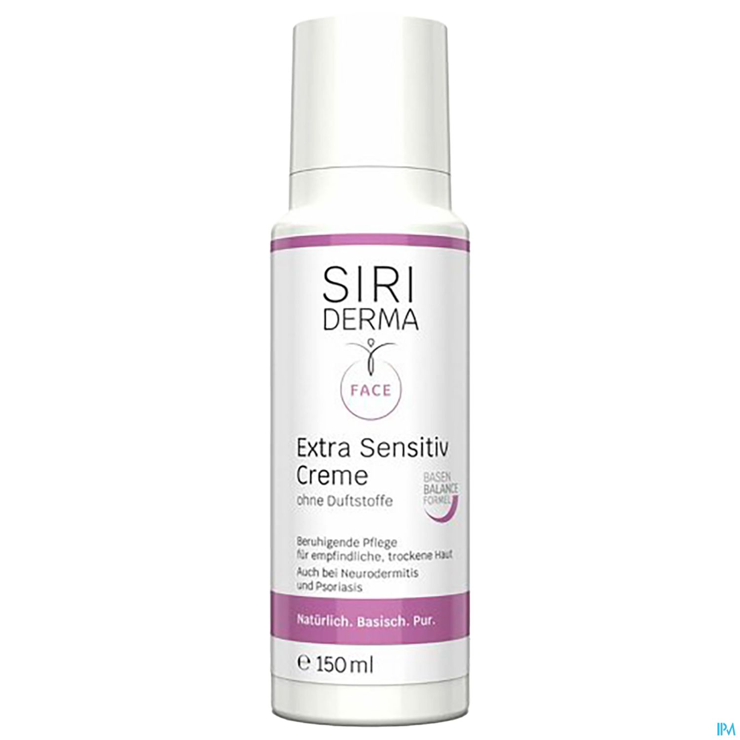 Flasche mit Extra Sensitiv Creme von Siri Derma, 150 ml, ohne Duftstoffe, für empfindliche und trockene Haut.