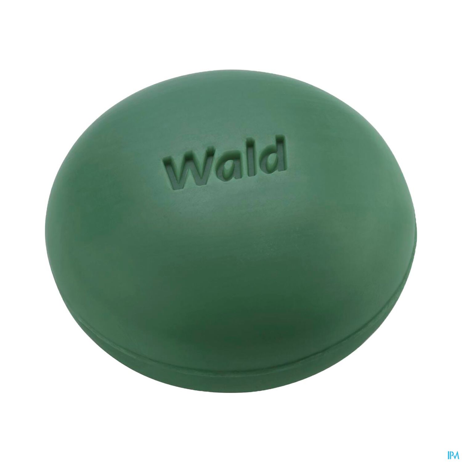 Grüne, runde Seife mit der Prägung "Wald".