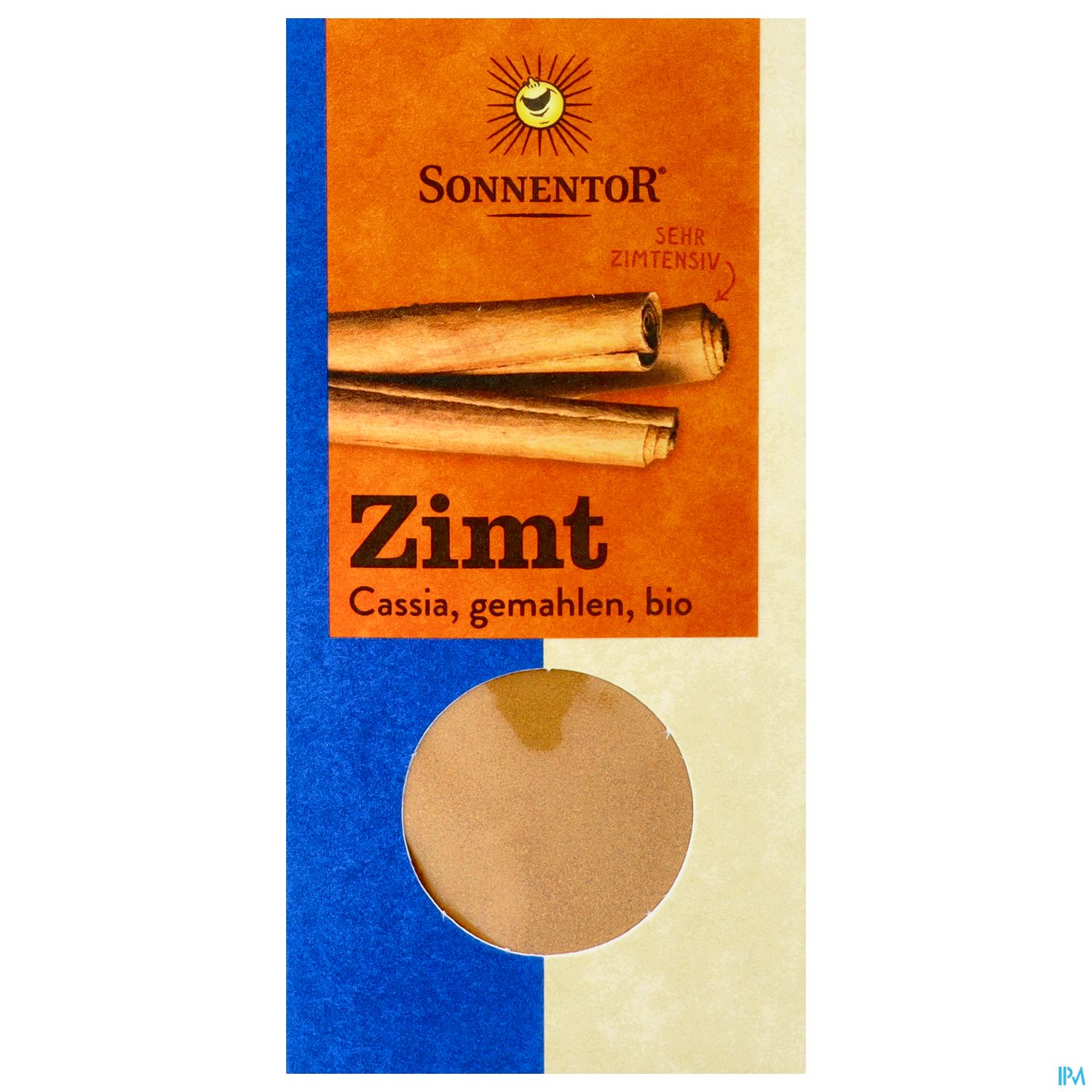 Packung mit gemahlenem Bio-Zimt der Marke Sonnentor, abgebildet mit Zimtstangen und dem Schriftzug "Zimt".