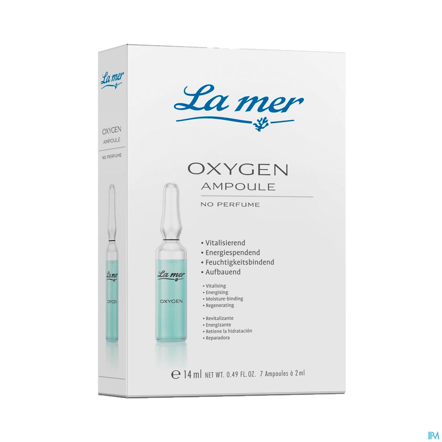Packung mit La Mer Oxygen Ampullen, 14 ml, sieben Ampullen, Beschreibung der Vorteile wie vitalisierend und feuchtigkeitsspendend.