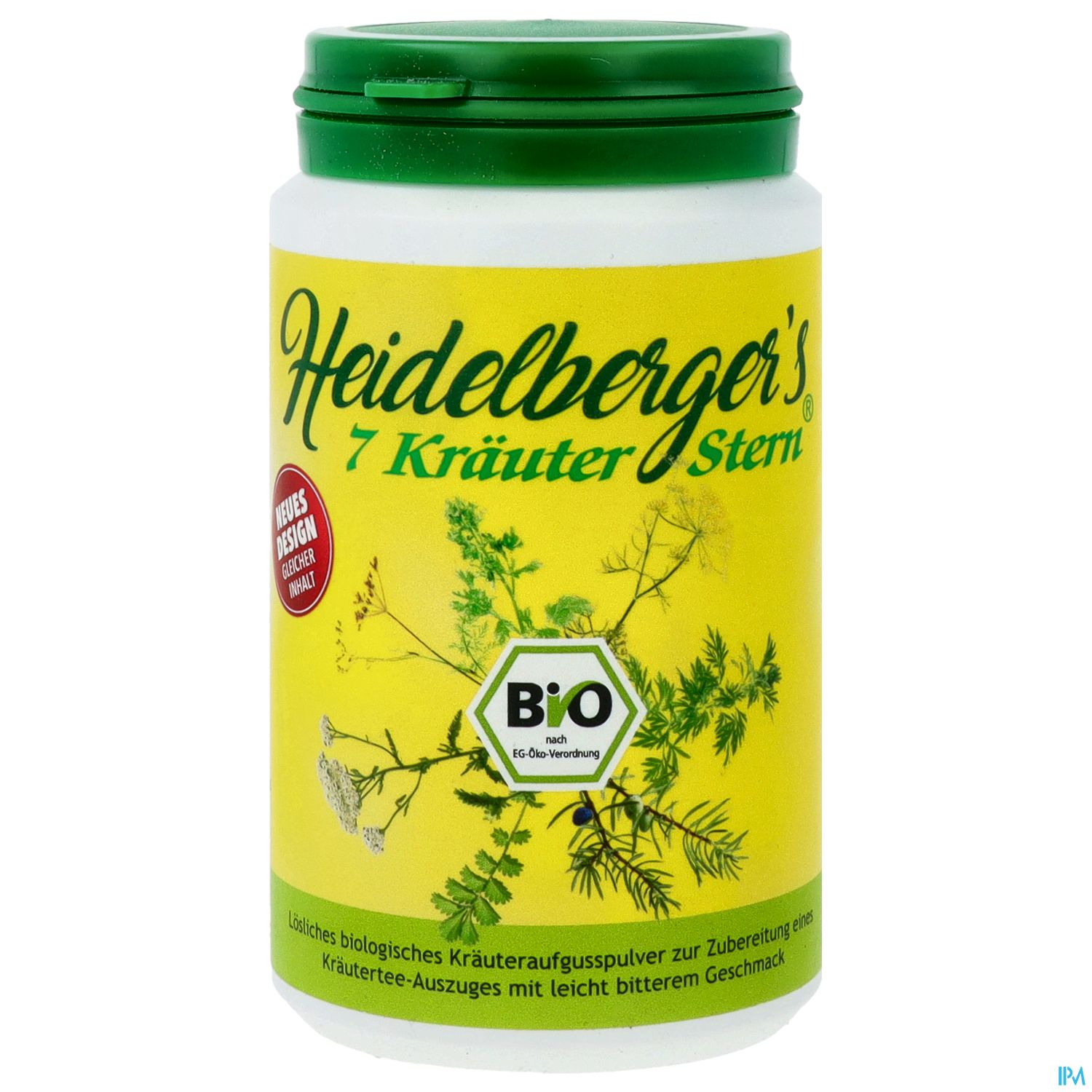 Weißes Glasbehälter mit gelbem Etikett und der Aufschrift "Heidelberger's 7 Kräuter Stern" sowie "BIO", gefüllt mit Kräutergeschmackspulver.