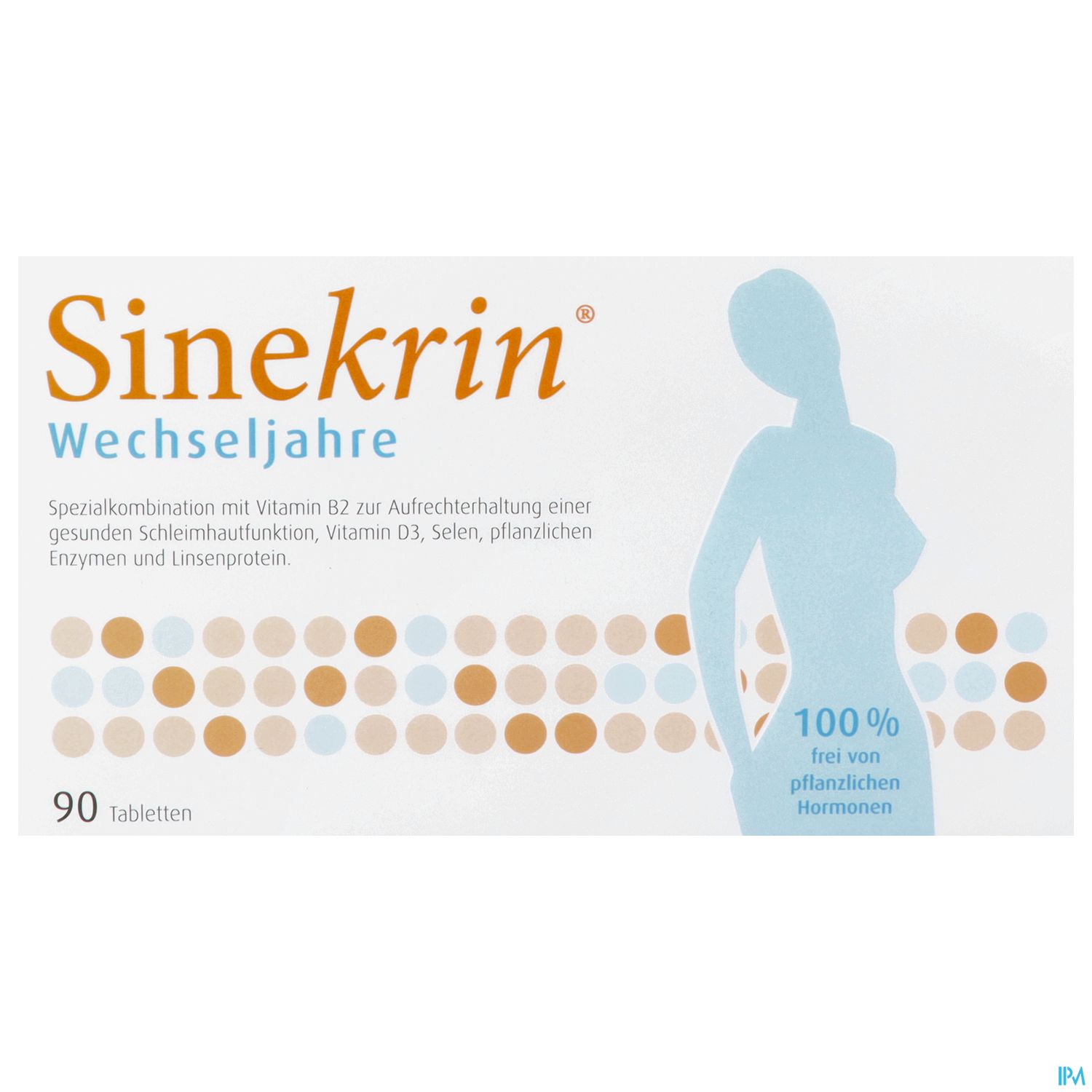 Packungsdesign von Sinekrin Wechseljahre, 90 Tabletten, mit Informationen zu Inhaltsstoffen und Anwendung.