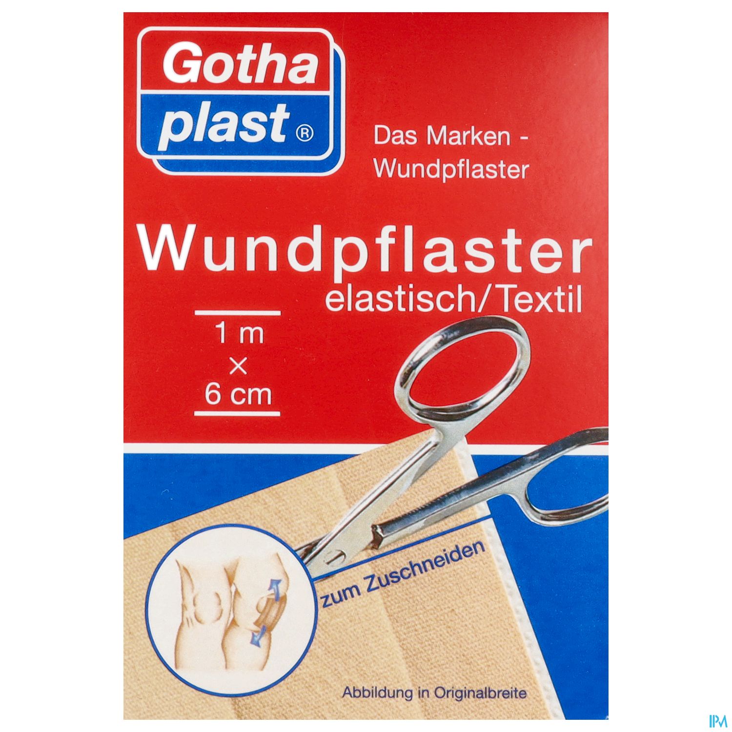 Packung mit Gothaplast Wundpflaster, elastic/ Textil, 1 m × 6 cm, mit Schere und Hinweis „zum Zuschneiden“.
