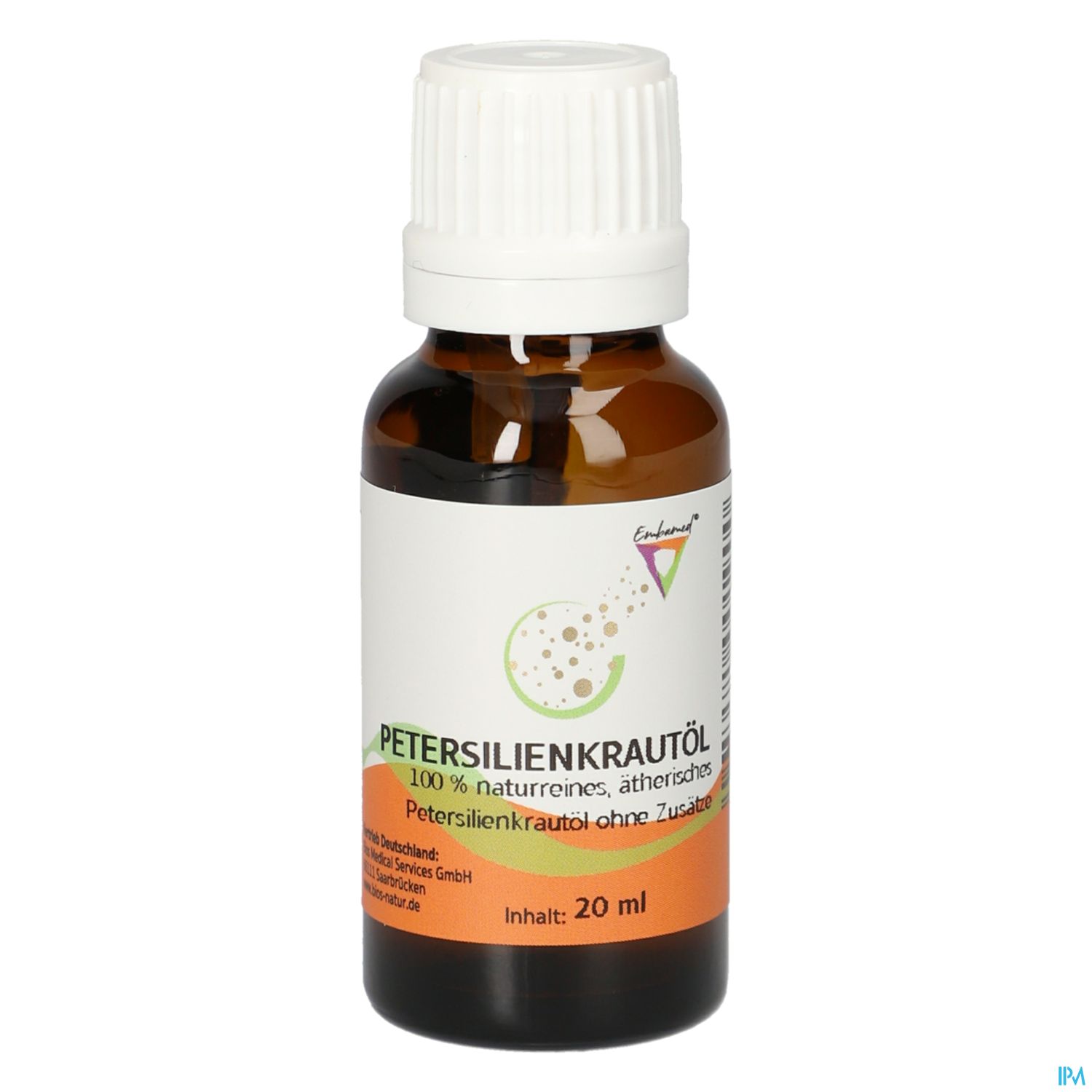 Braunflasche mit weißem Schraubverschluss, etikettiert mit "Petersilienkrautöl", 100 % naturreines, ätherisches Öl, Inhalt: 20 ml.