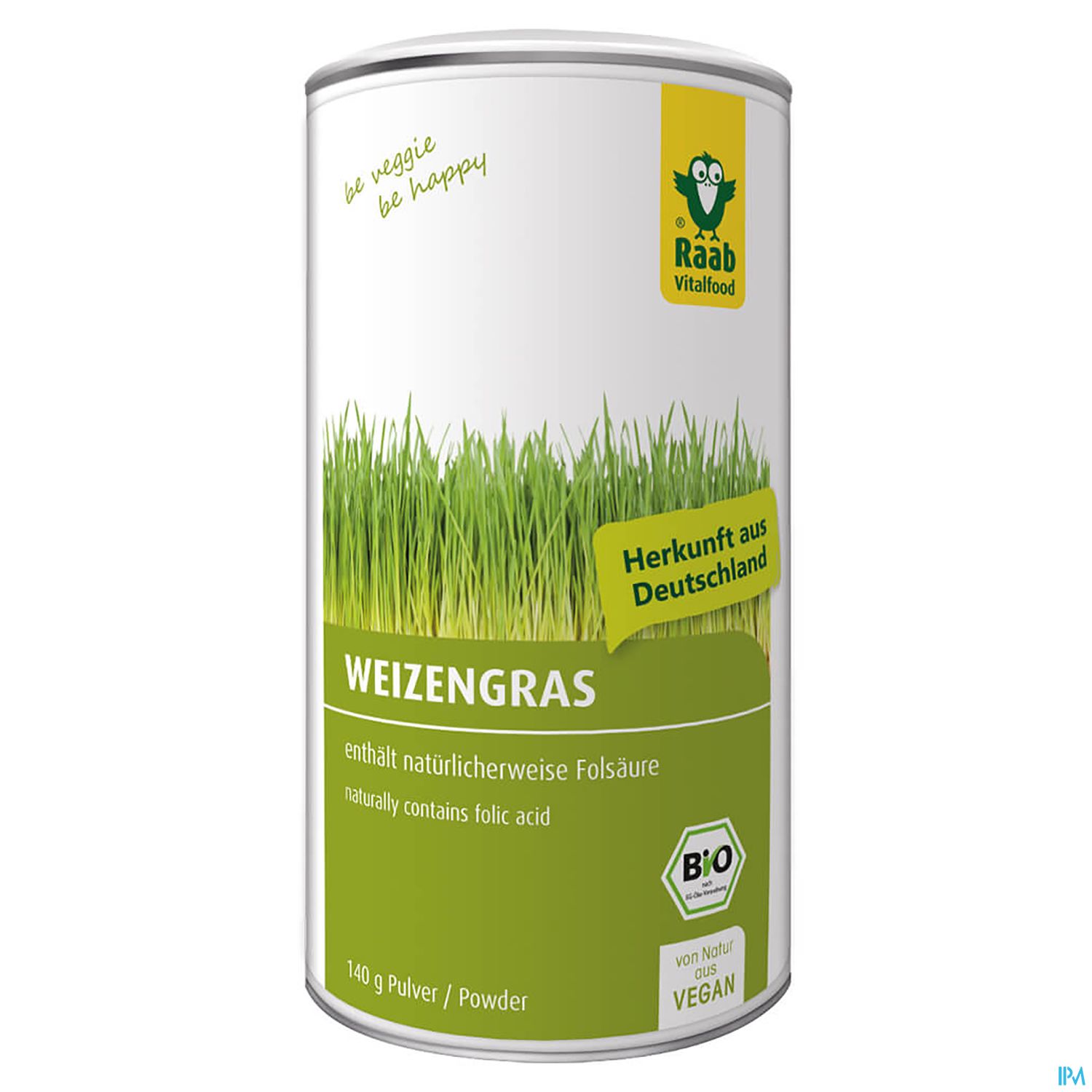 Dose mit Weizengras-Pulver von Raab Vitalfood, 140 g, mit Hinweis auf Bio-Qualität und Herkunft aus Deutschland.