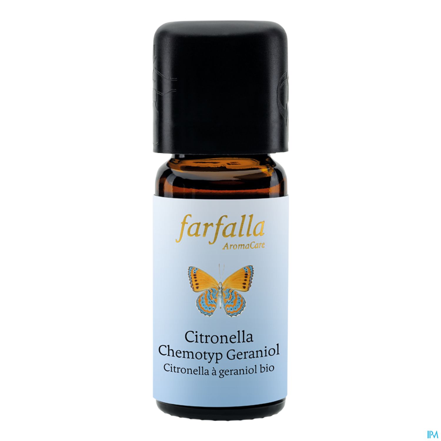 Braunglasflasche mit Duftöl "Citronella Chemotyp Geraniol" von Farfalla, etikettiert mit einer Schmetterlingsillustration.