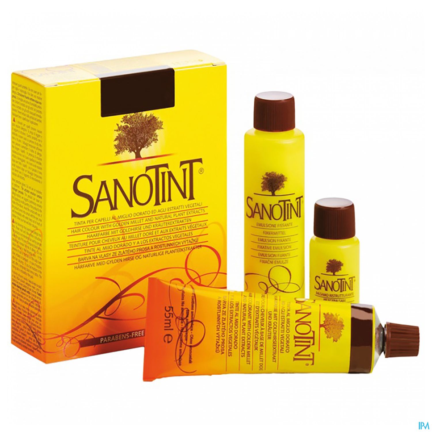 Produktverpackung und -tube von Sanotint, einer pflanzlichen Haarfärbung in gelb.