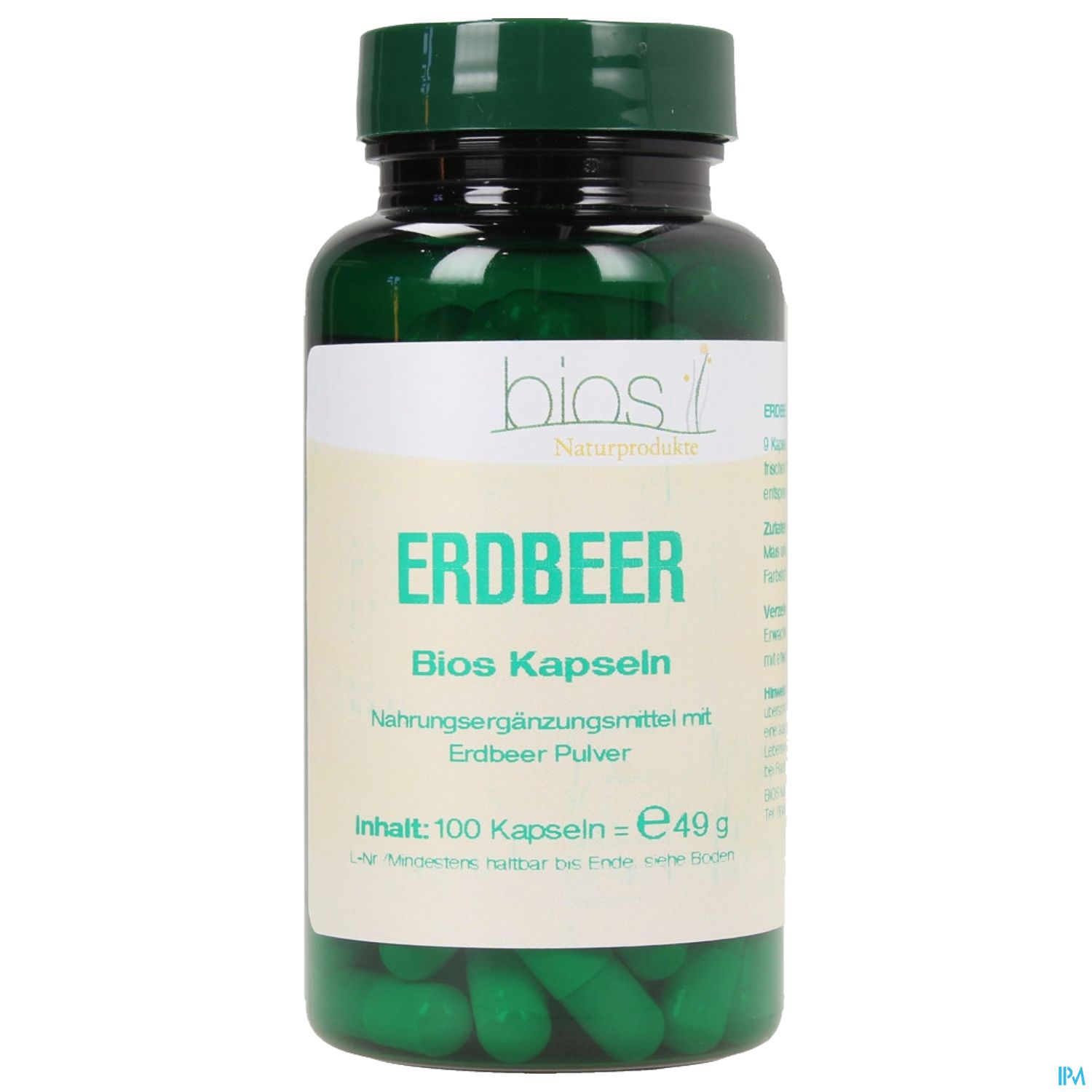 Grüner Flasche mit Nahrungs­er­gänzungsmittel in Kapseln, Etikett mit der Aufschrift „Erdbeer Bios Kapseln“ und Informationen zu Inhalt und Preis.