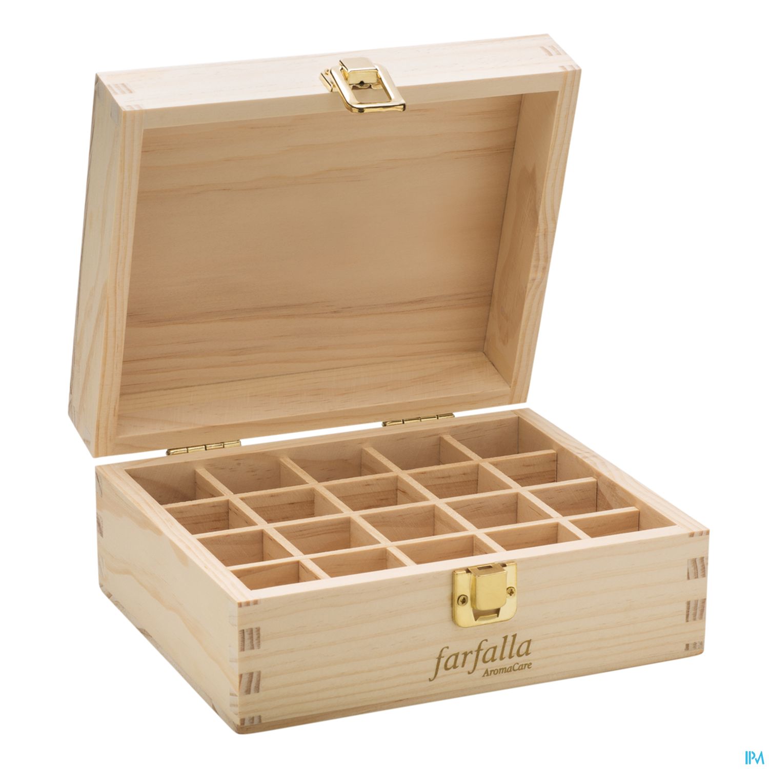 Holzkasten mit goldener Verriegelung, offen, mit 20 Fächern zur Aufbewahrung.