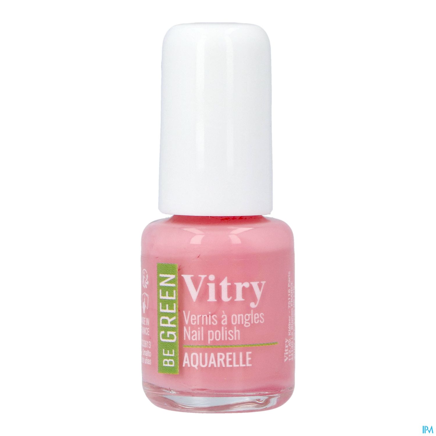 Rosa Nagellackflasche der Marke Vitry mit der Aufschrift "Be Green" und "Aquarelle".