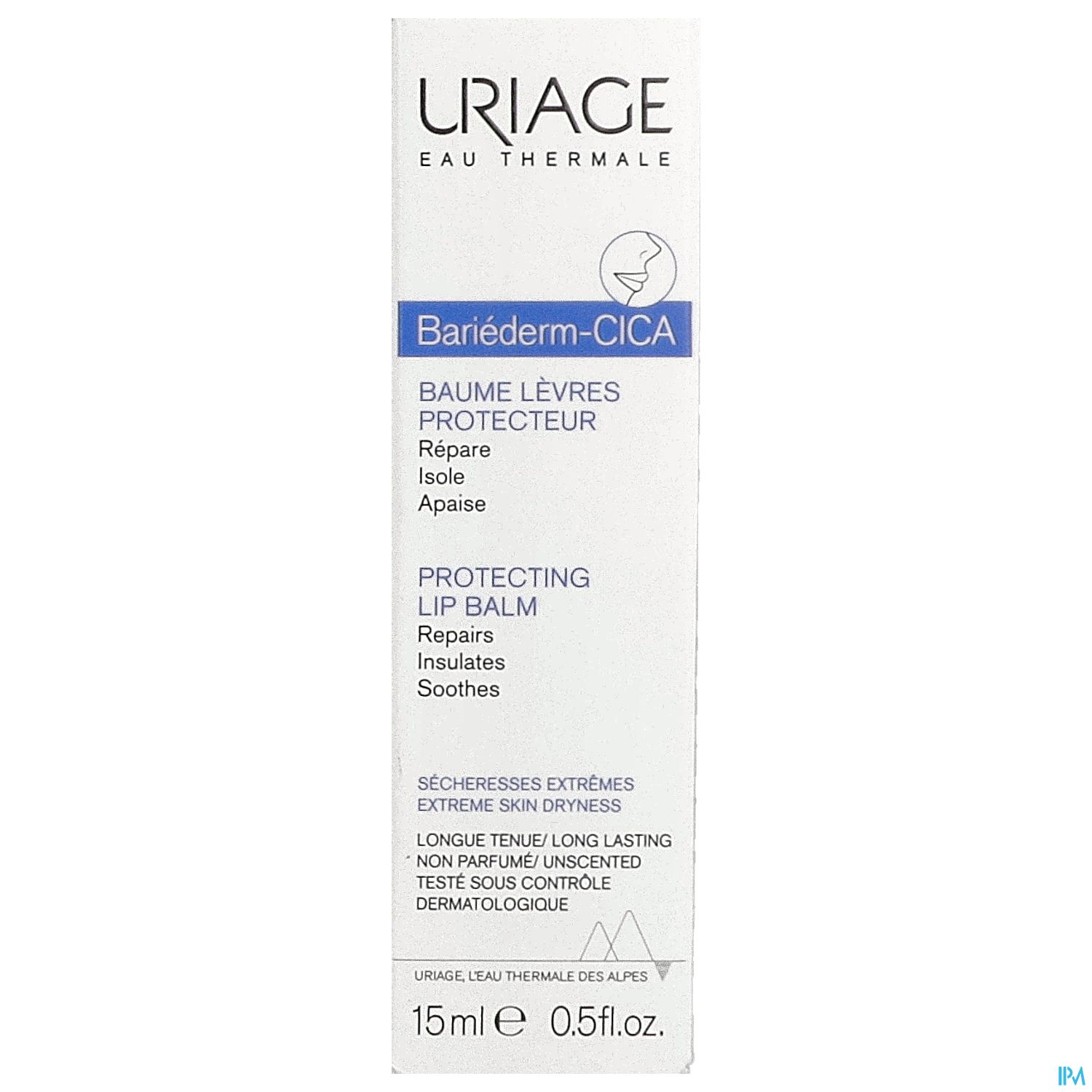 Verpackung des URIAGE Bariéderm-CICA Lippenbalsams, 15 ml, mit Angaben zu den Eigenschaften: reparierend, isolierend, beruhigend.