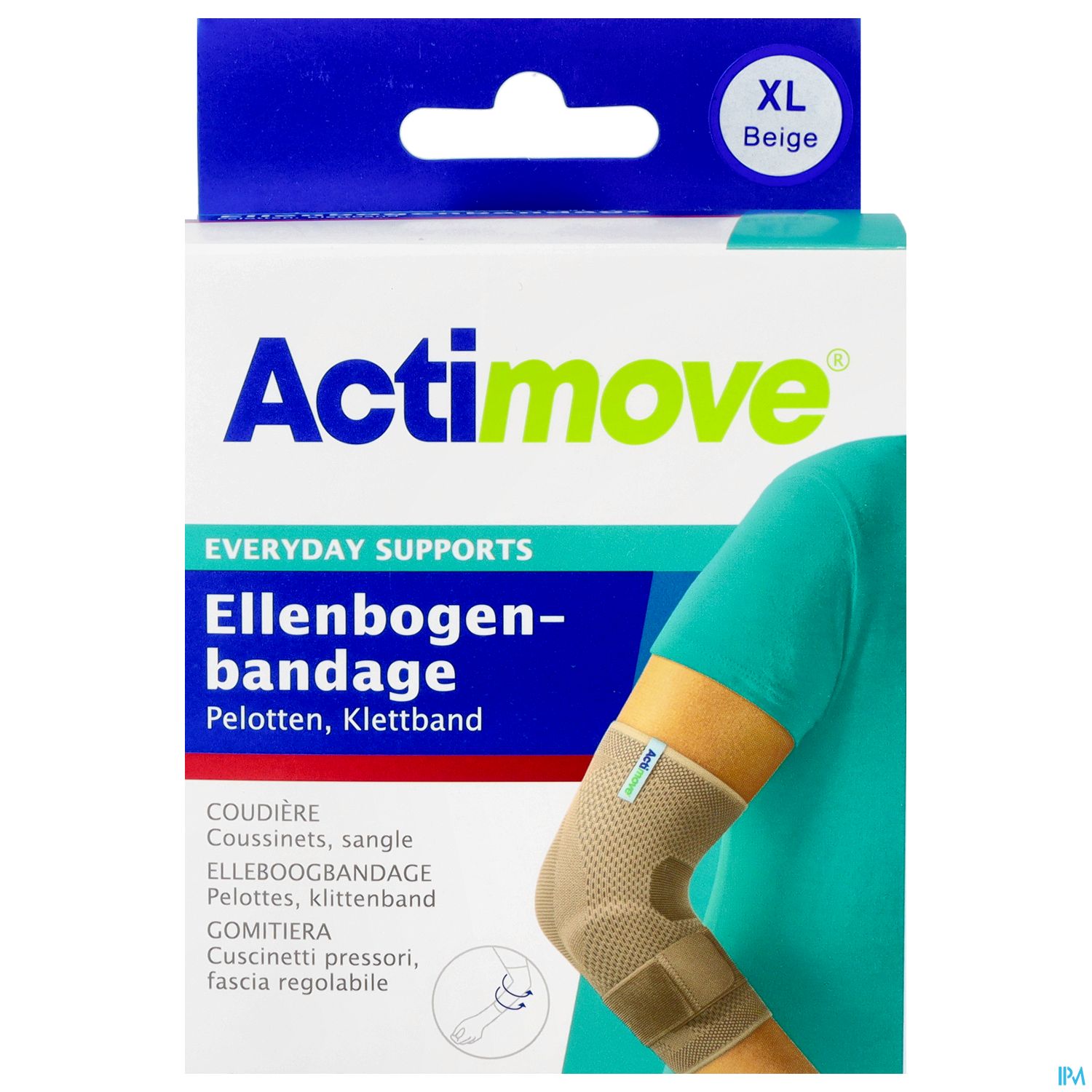 Verpackung der Actimove Ellenbogenbandage in der Größe XL, beige, mit Hinweis auf Pelotten und Klettband.