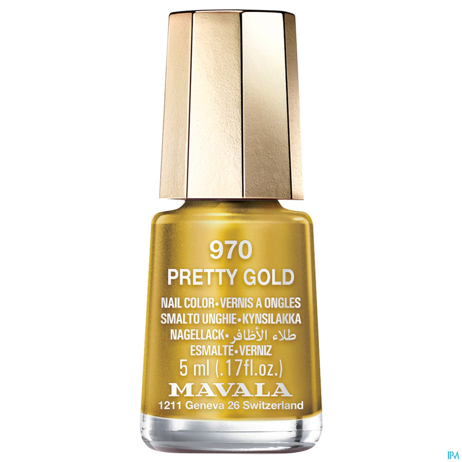 Flasche mit goldfarbenem Nagellack "Pretty Gold" von Mavala, 5 ml.