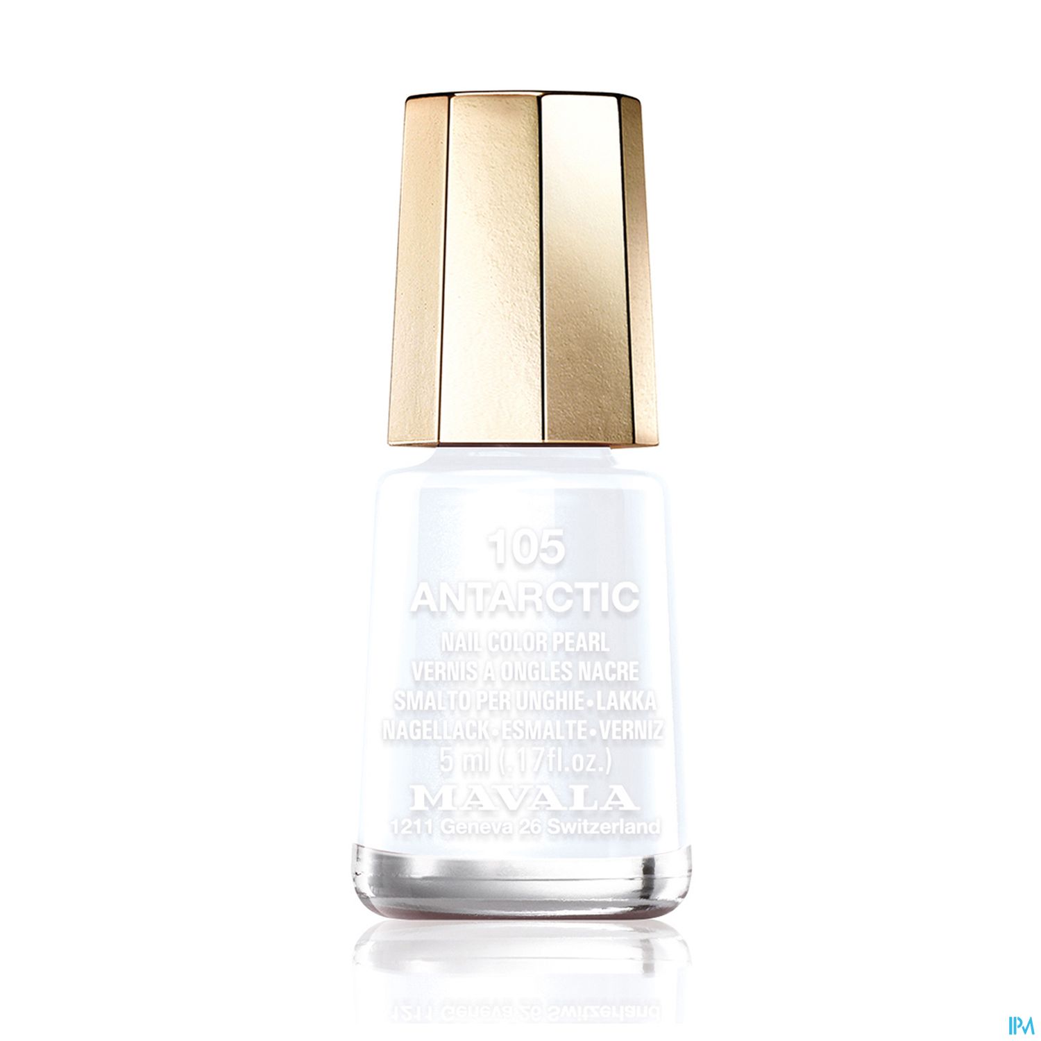 Nagellackflasche mit der Aufschrift "105 ANTARCTIC" und goldenem Deckel.