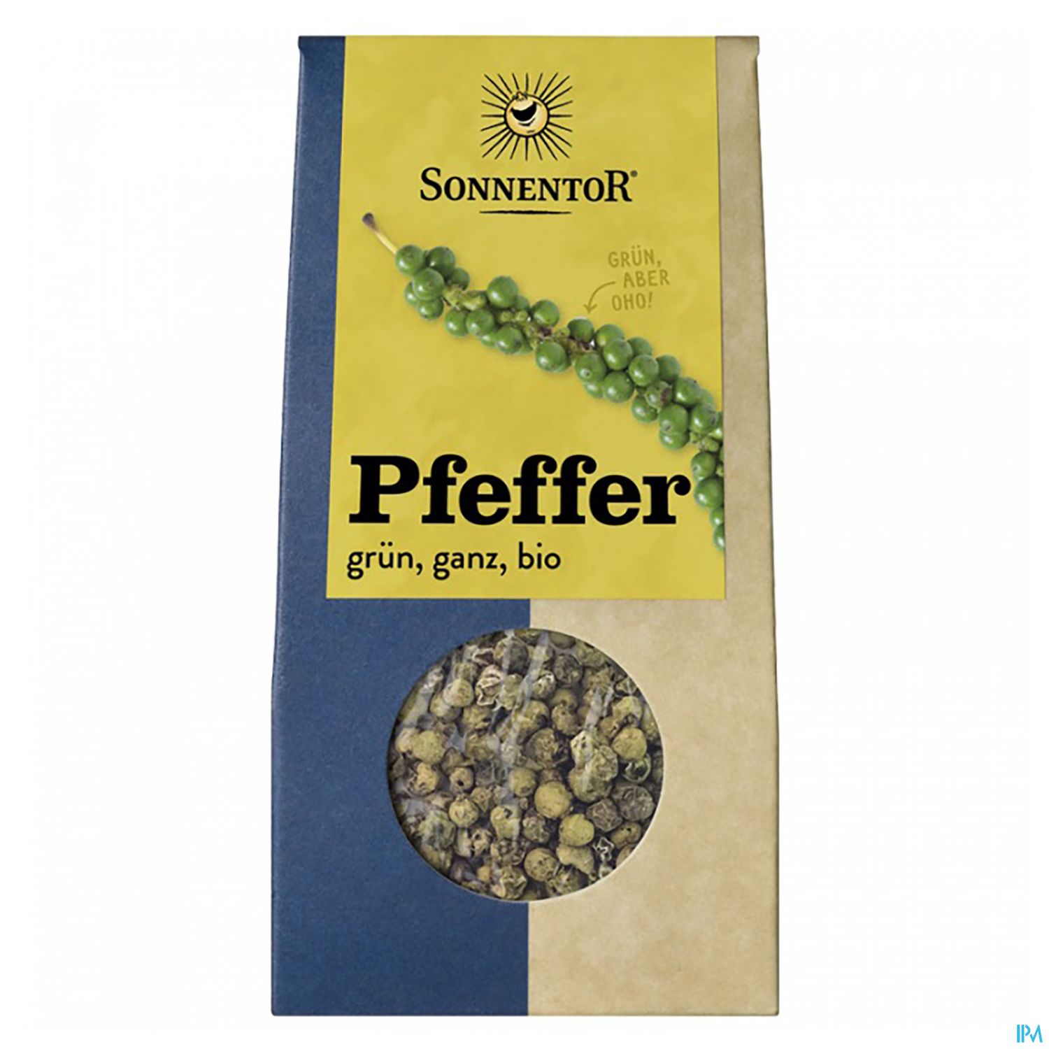 Verpackung von grünen Pfefferkörnern der Marke Sonnentor mit dem Hinweis "grün, ganz, bio".