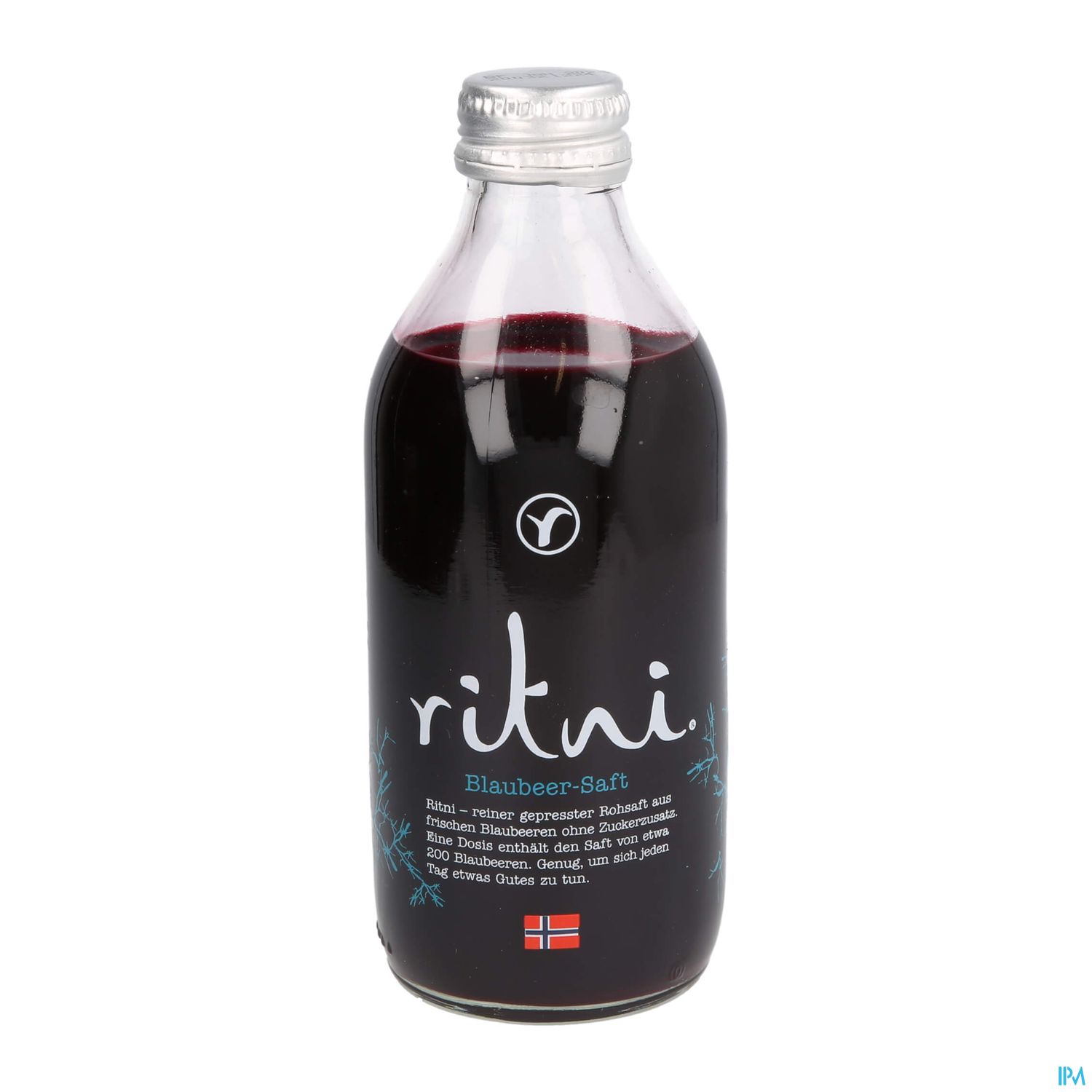 Eine Flasche Blaubersaft mit dem Etikett "ritni".