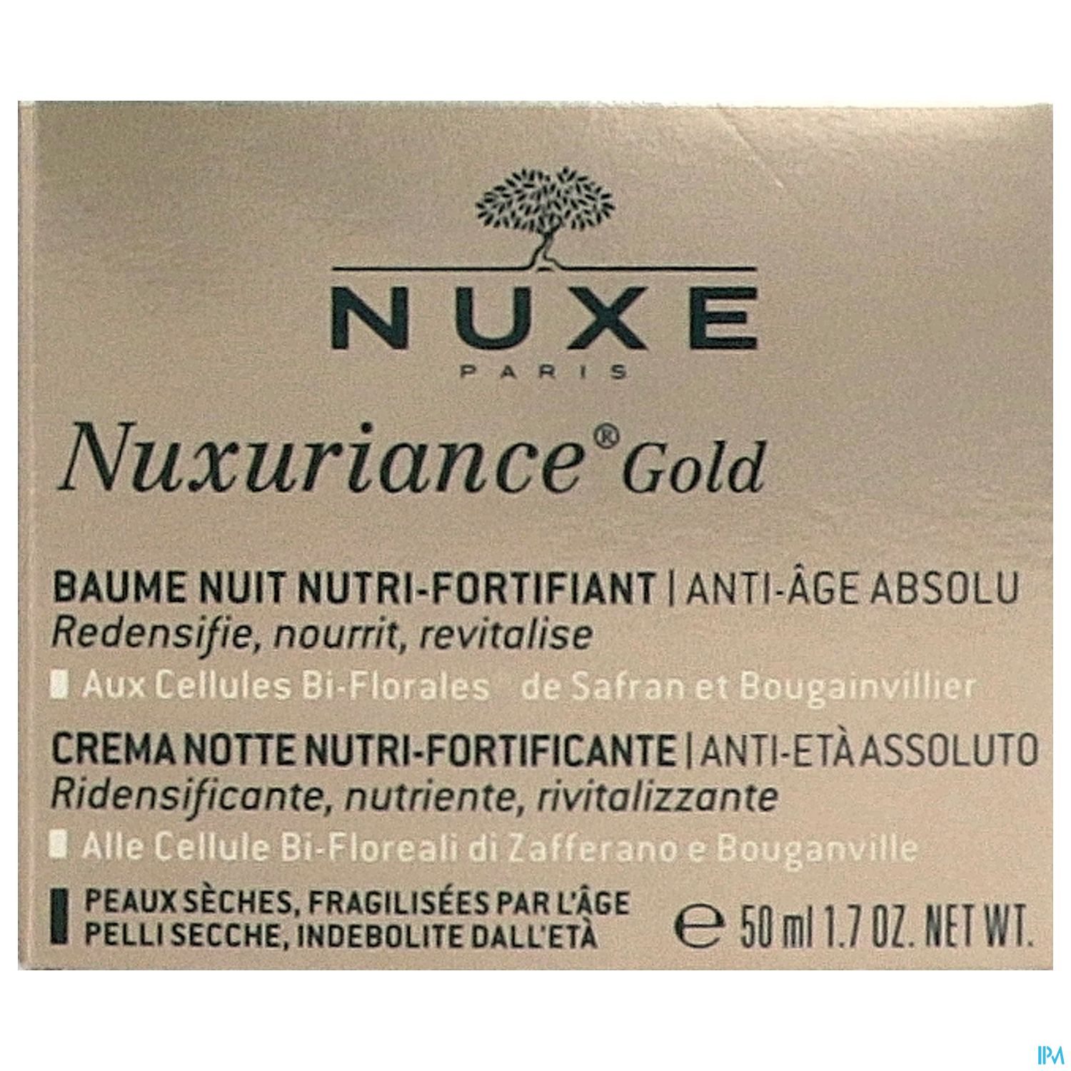 Produktverpackung von NUXE Nuxuriance® Gold mit Beschreibung in mehreren Sprachen.