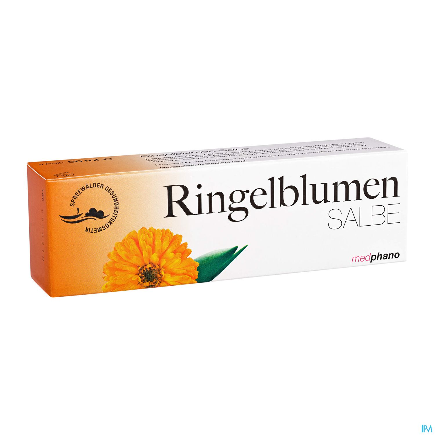 Packung mit Ringelblumensalbe von medphano, abgebildet mit einer Ringelblume.