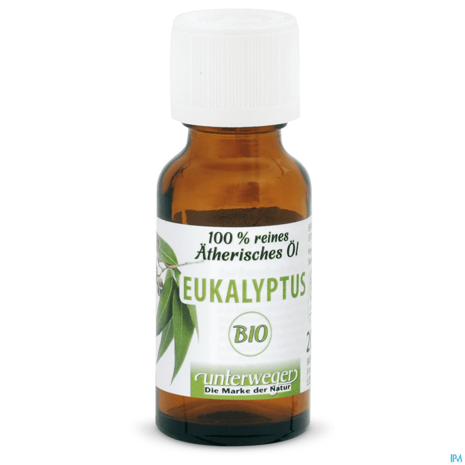 Braunglasflasche mit 100 % reinem ätherischen Eukalyptusöl, beschriftet mit "BIO" und dem Markennamen "unterweger".