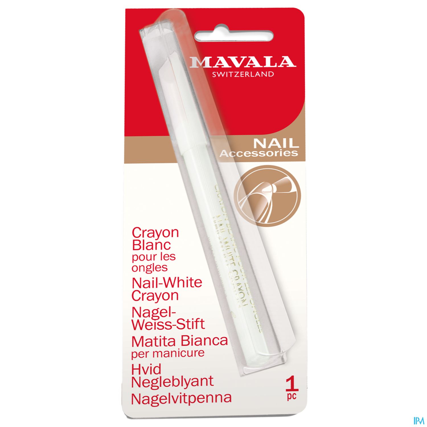 Verpackung eines weißen Nagelstifts von Mavala mit mehrsprachiger Beschriftung und dem Hinweis auf die Verwendung für Maniküre.