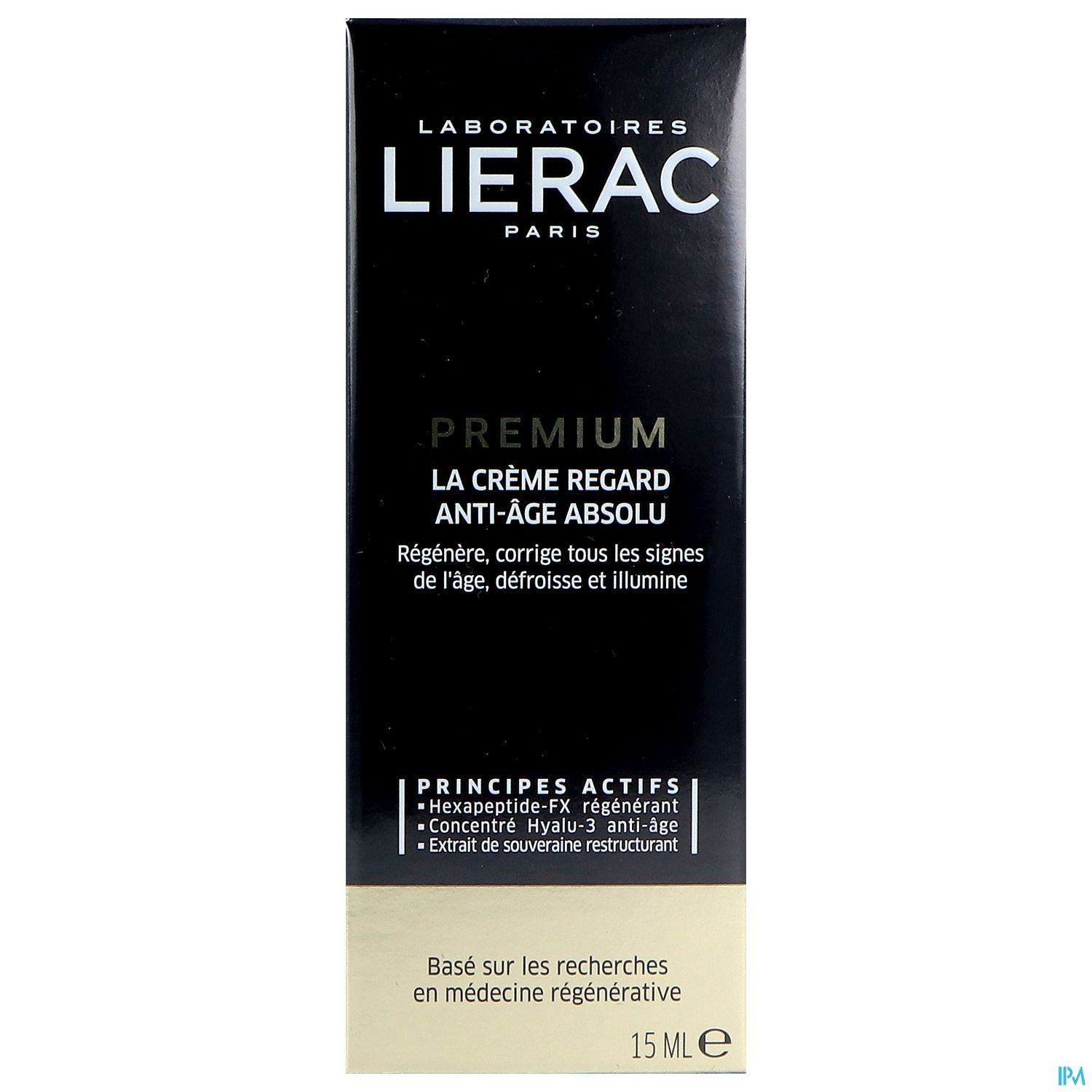 Schachtel mit der Lierac Premium Anti-Aging Augencreme, 15 ml, in eleganter schwarzer Verpackung mit goldenen Akzenten.
