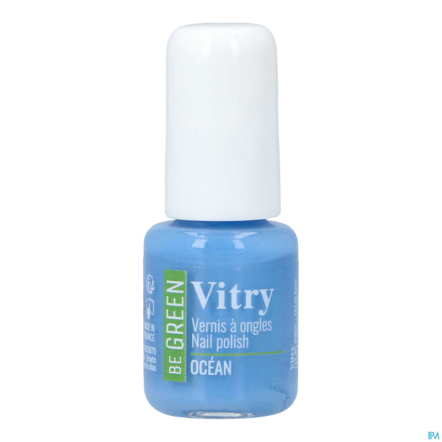 Flasche mit blauer Nagellackfarbe mit der Aufschrift "Vitry Be Green Vernis à Ongles Océan".
