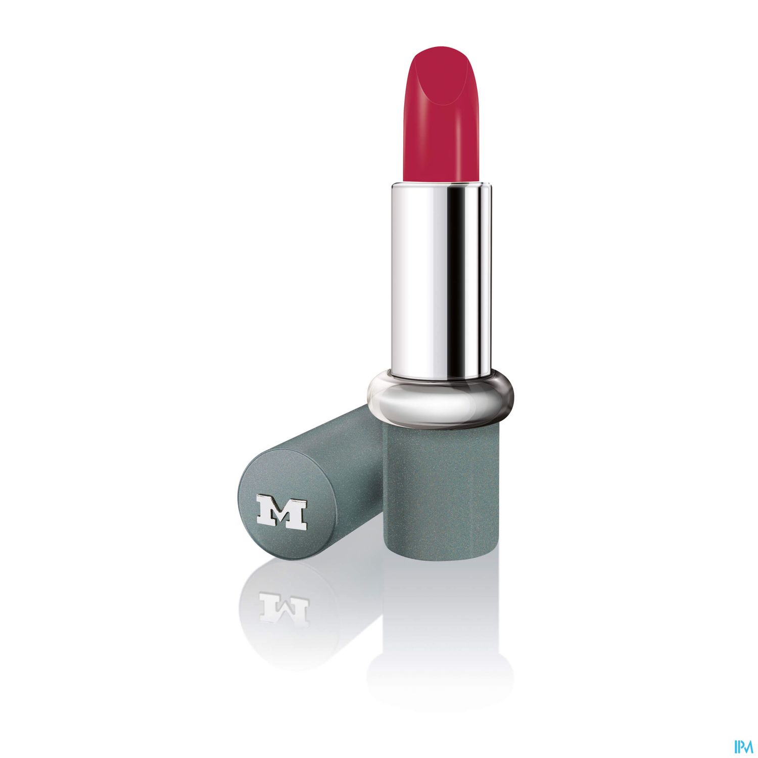 Rot eingefärbter Lippenstift in silberner Hülse auf grauem Etui.