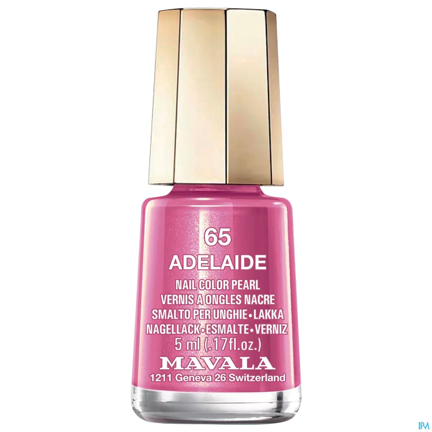 Flasche mit pinkem Nagellack der Marke Mava La, mit der Aufschrift "65 ADELAIDE" und "Nail Color Pearl".