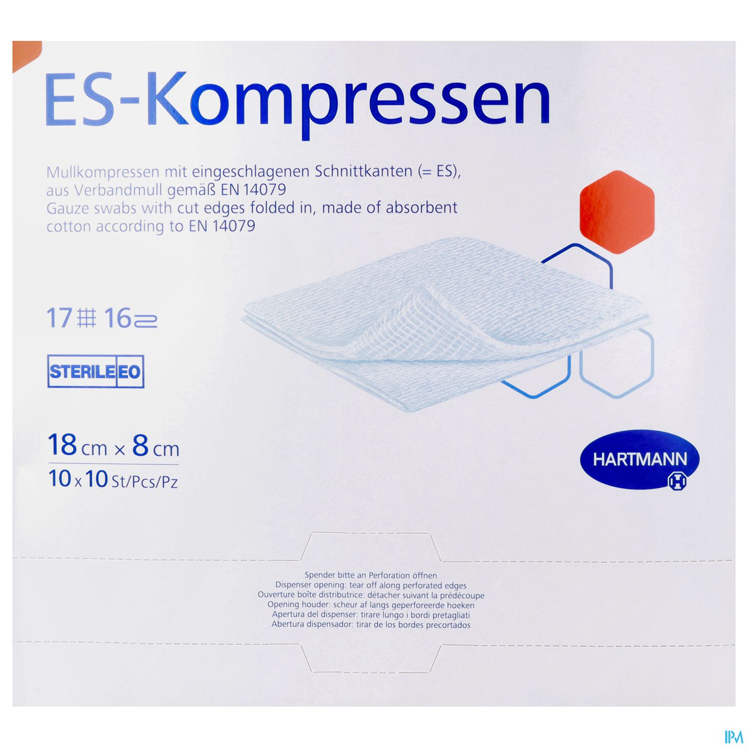 Verpackung mit ES-Kompressen: sterile Mullkompressen, 18 cm x 8 cm, 10 Stück, Hartmann.