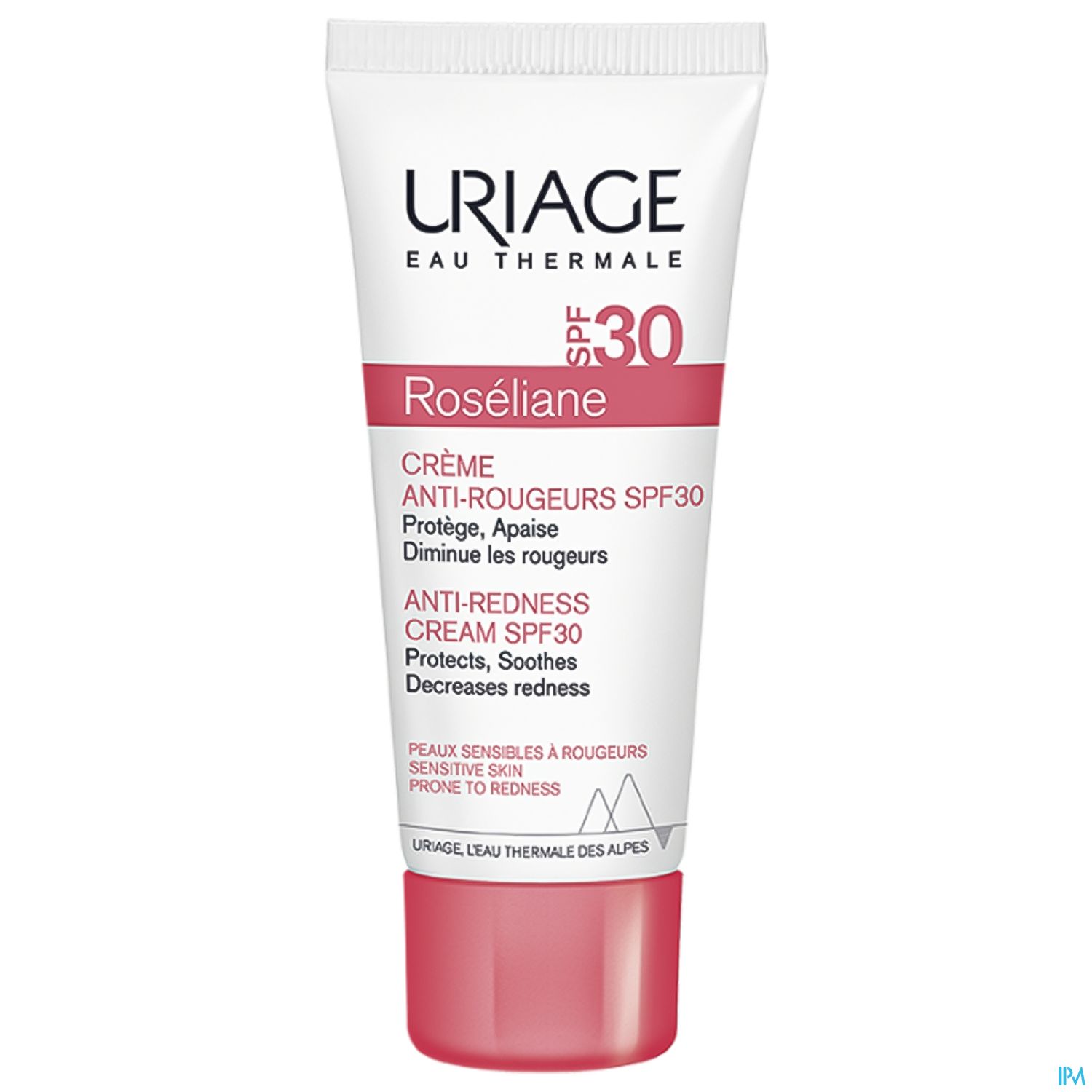 Tube mit Roséliane Anti-Rougeurs Creme SPF 30 von Uriage, die rote Haut beruhigt und schützt.