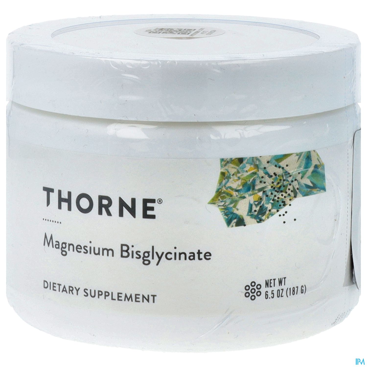Weißes Supplement-Glas mit dem Aufdruck "THORNE Magnesium Bisglycinat" und einer farbigen Grafikeinlage.