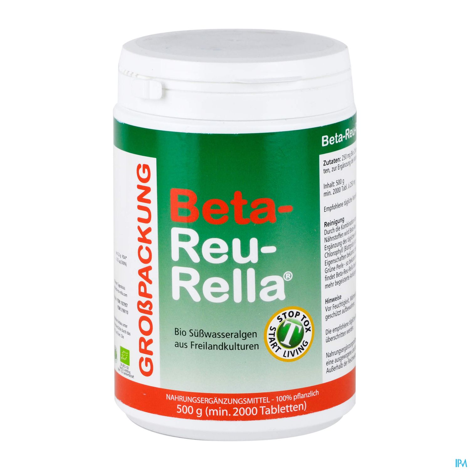 Dose mit dem Aufdruck "Beta-Reu-Rella" für ein Nahrungsergänzungsmittel aus Bio-Süßwasseralgen, 500 g.