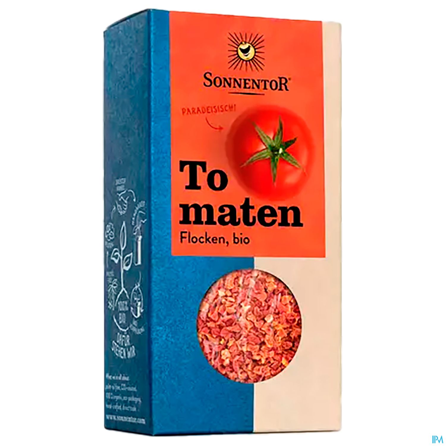 Verpackung von Bio-Tomatenflocken der Marke Sonnentor mit roten Tomaten und orangefarbenem Etikett.