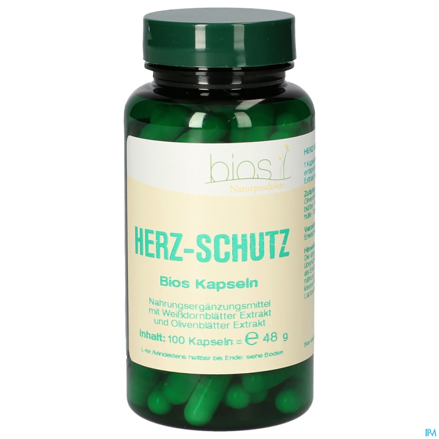Grüne Kapseln in einer transparenten Flasche mit dem Etikett "HERZ-SCHUTZ" von biosi, inklusive Inhaltsangaben und Beschreibung des Nahrungsergänzungsmittels.