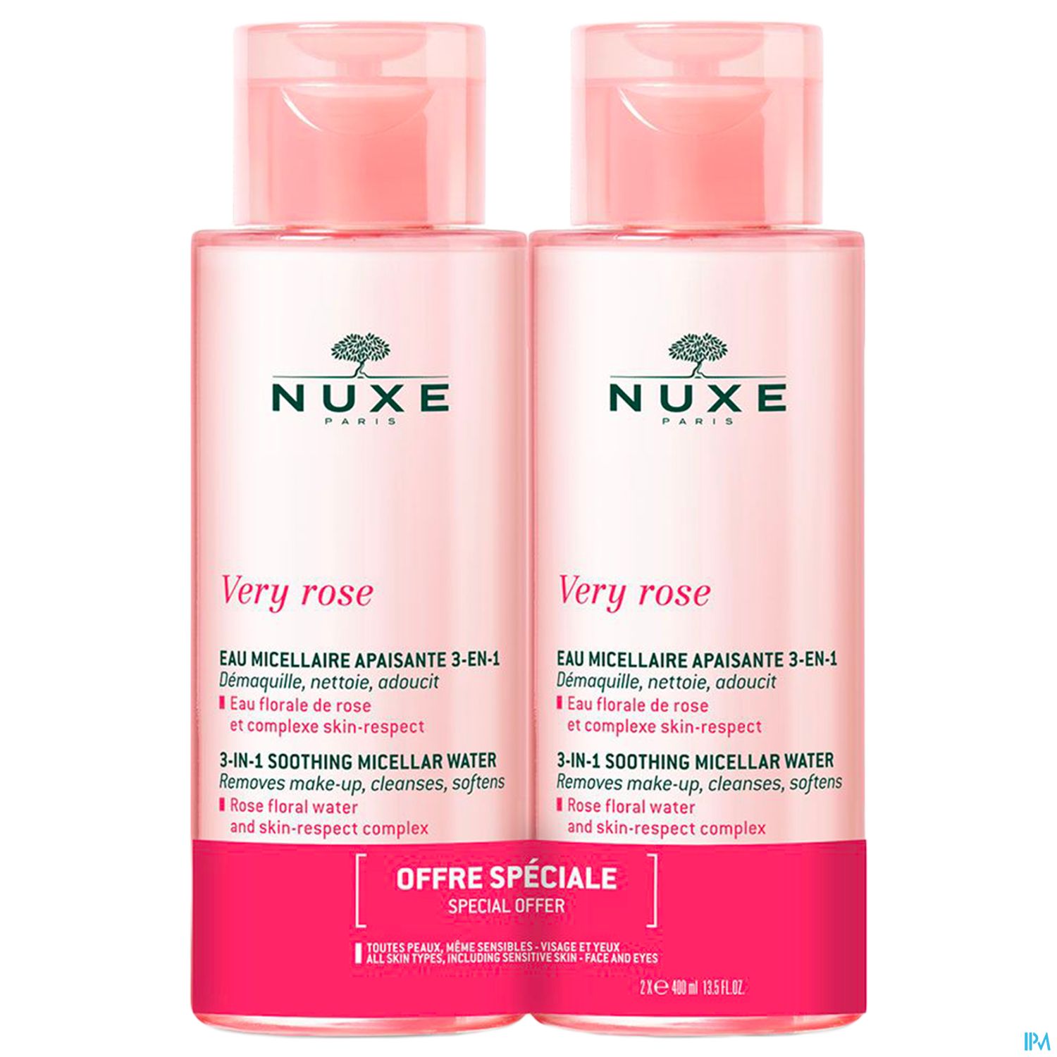 Zwei Flaschen Nuxe Very Rose 3-in-1 beruhigende Mizellenwasser in pinker Verpackung, mit Hinweisen zur Anwendung und speziellen Angeboten.