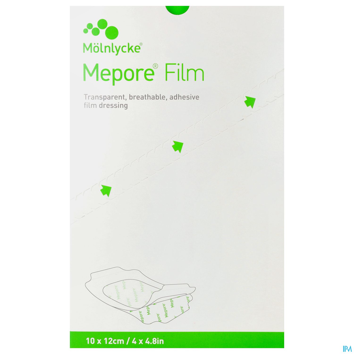 Verpackung des transparenten, atmungsaktiven und haftenden Mepore® Films von Mölnlycke, mit Produktspezifikationen.
