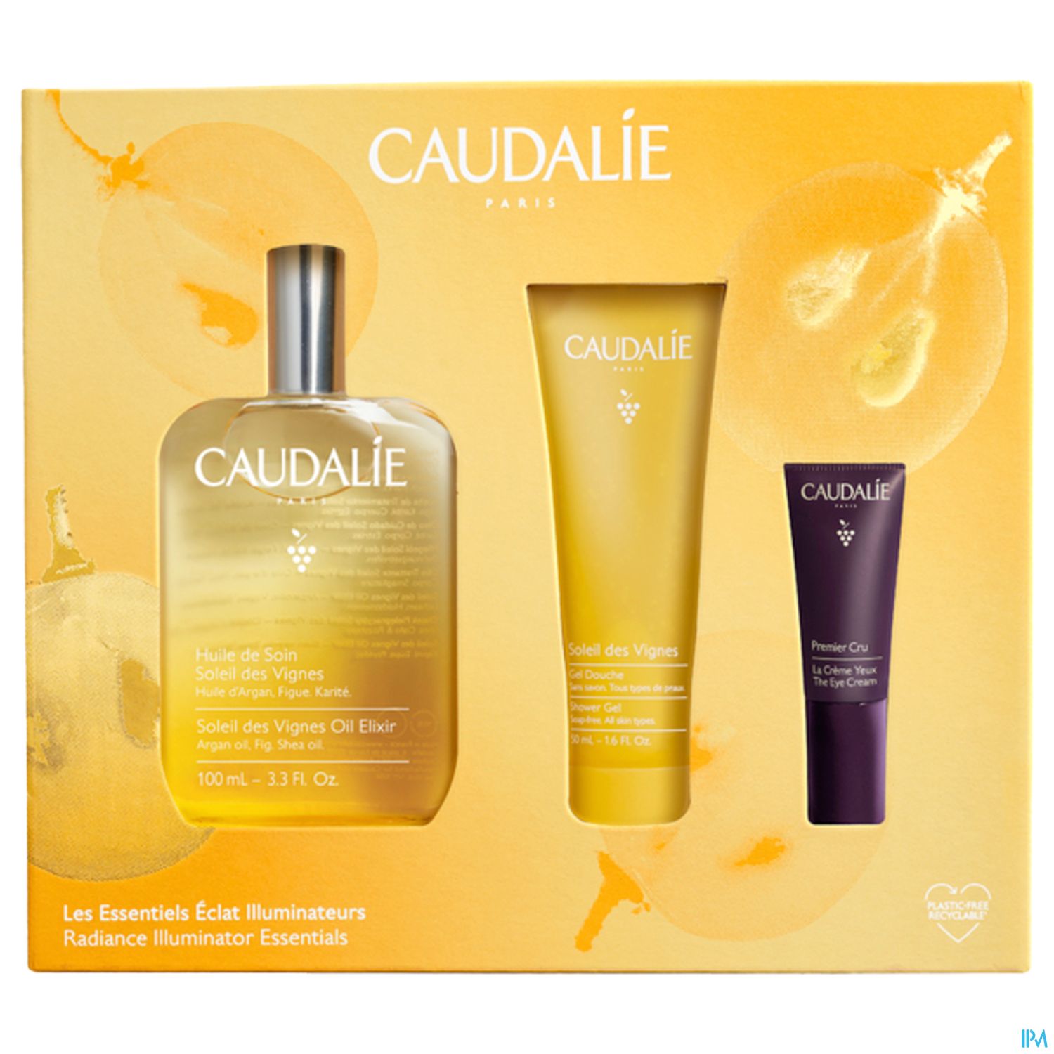 Verpackung mit kosmetischen Produkten von Caudalie: einem Öl in einer Flasche, einer gelben Tube und einem kleinen violetten Tube.