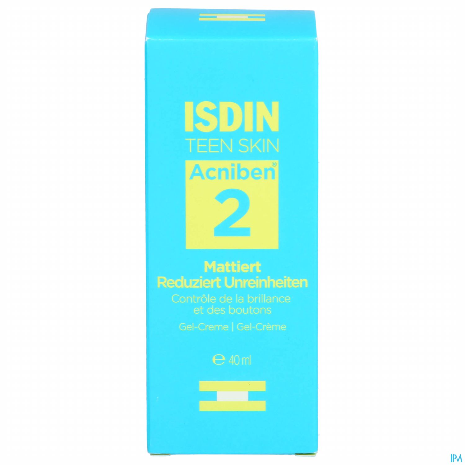 Verpackung von ISDIN Teen Skin Acniben 2, einem 40 ml Gel-Crème, das Unreinheiten reduziert und die Haut mattiert.