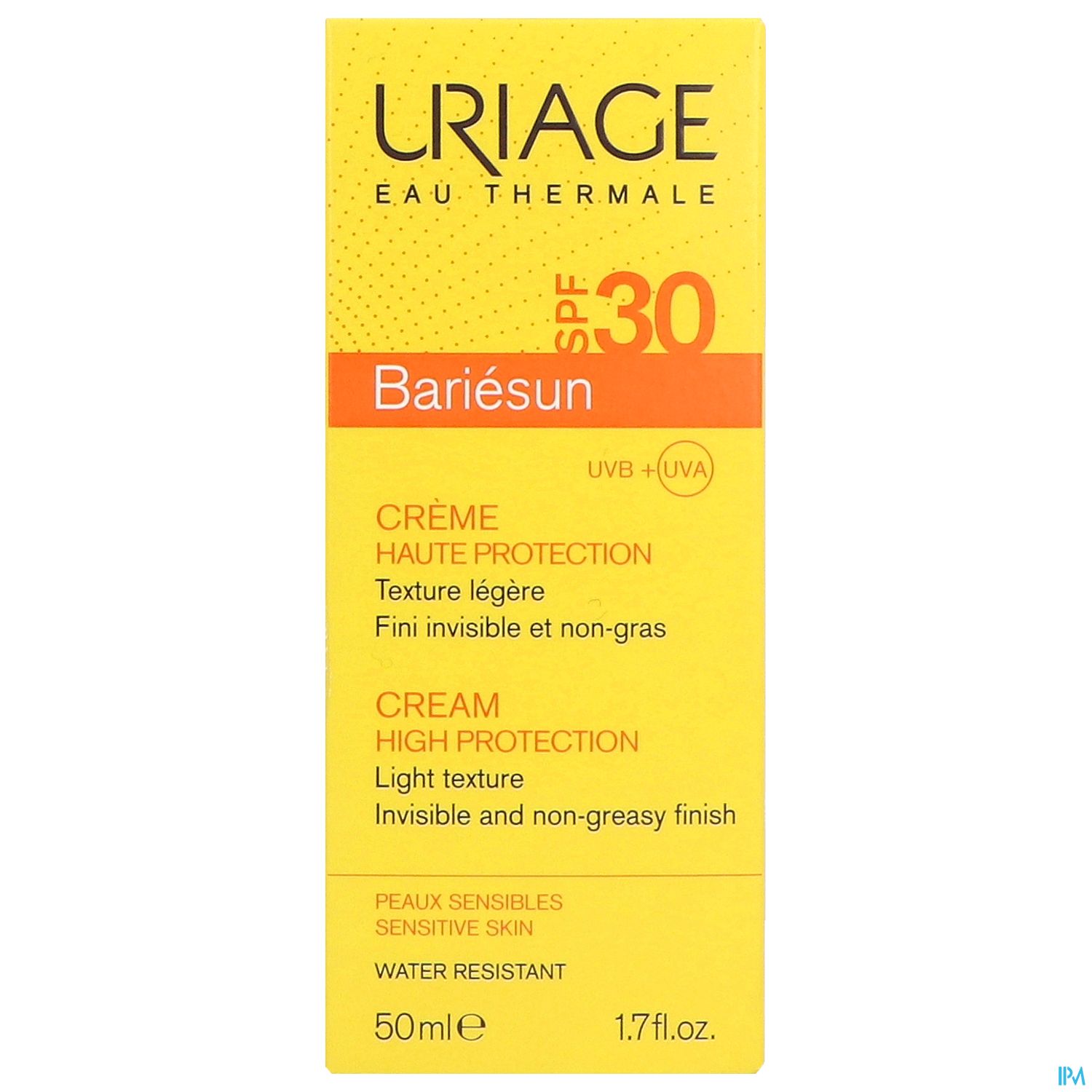 Gelbe Produktverpackung für Uriage Bariesun SPF 30 mit Beschreibung zur hohen Lichtschutzwirkung, geeignet für empfindliche Haut.