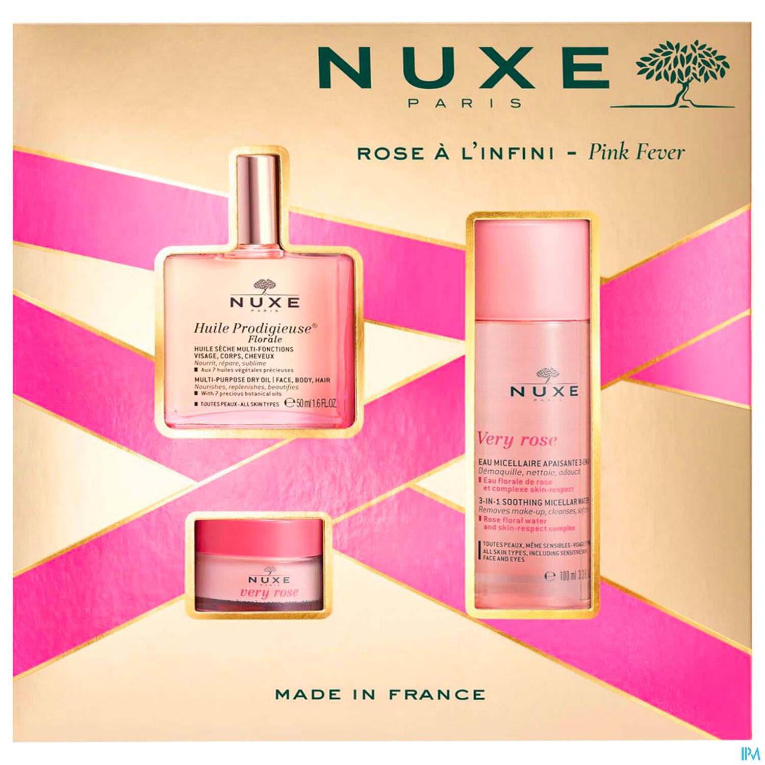 Bild der NUXE Paris Produktverpackung mit zwei Beauty-Artikeln: einer Flasche "Huile Prodigieuse" und einer Flasche "Very Rose", umgeben von rosa und goldenen Designelementen.
