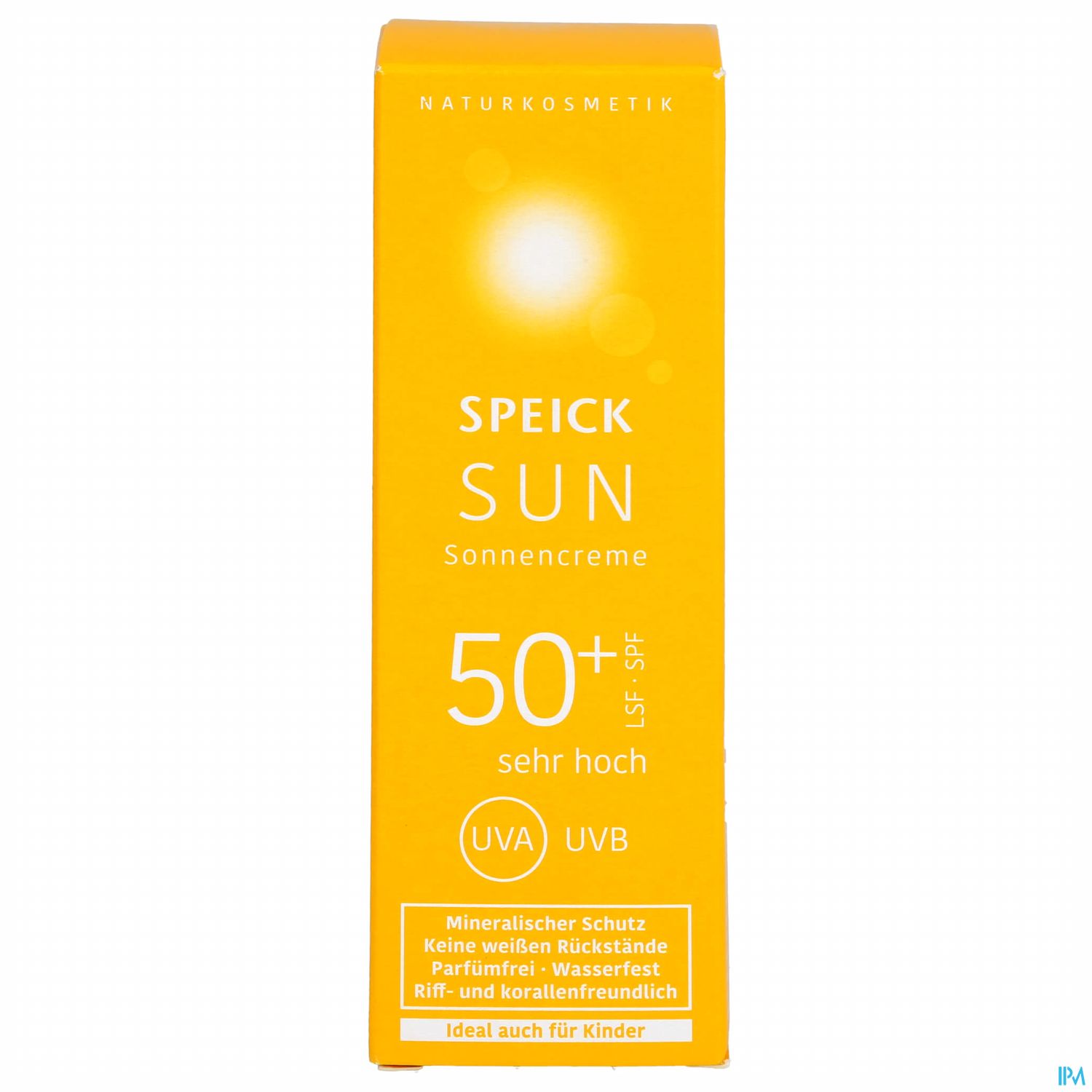 Gelbe Verpackung der Speick Sun Sonnencreme mit 50+ LSF, Hinweis auf sehr hohen UV-Schutz, geeignet für Kinder.